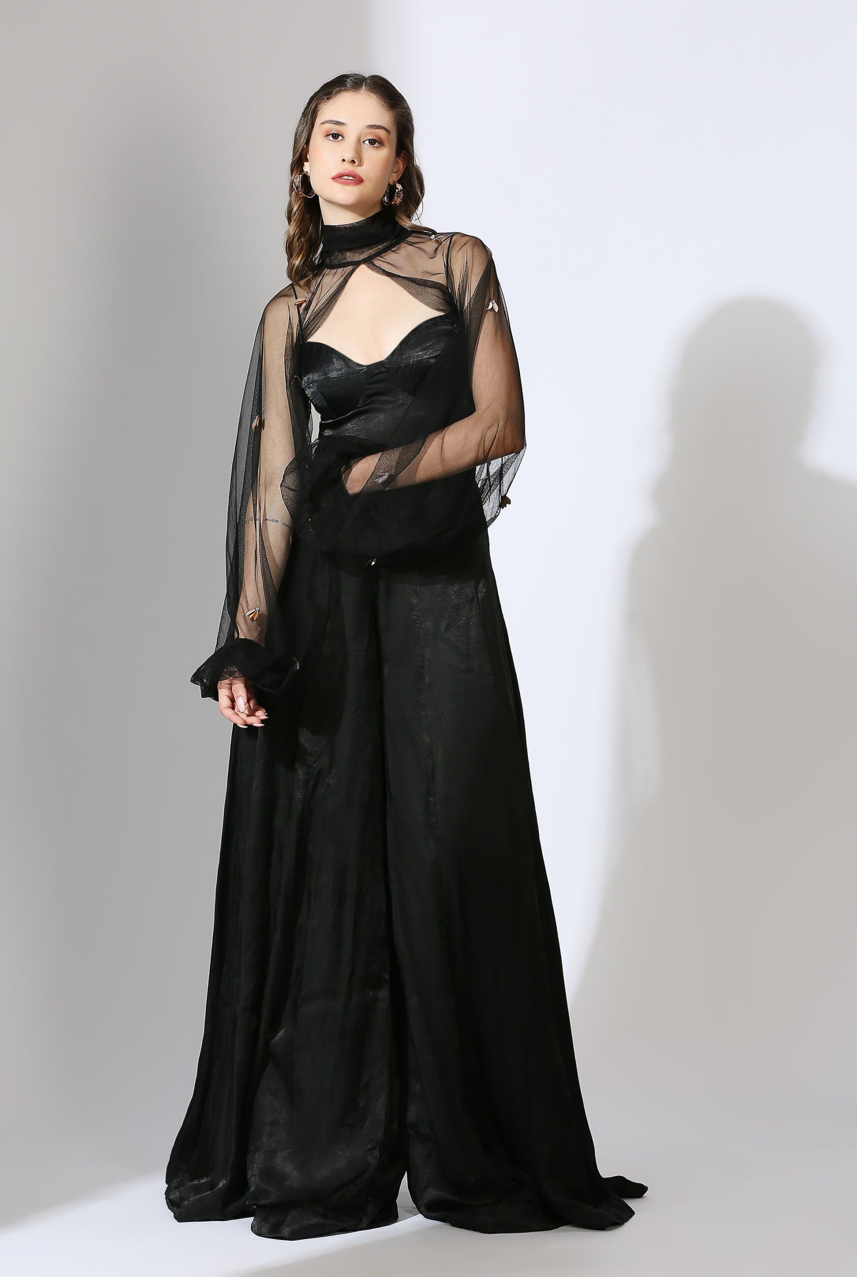 Black Jumpsuit with Embroidered Net Poofy Sleeves
