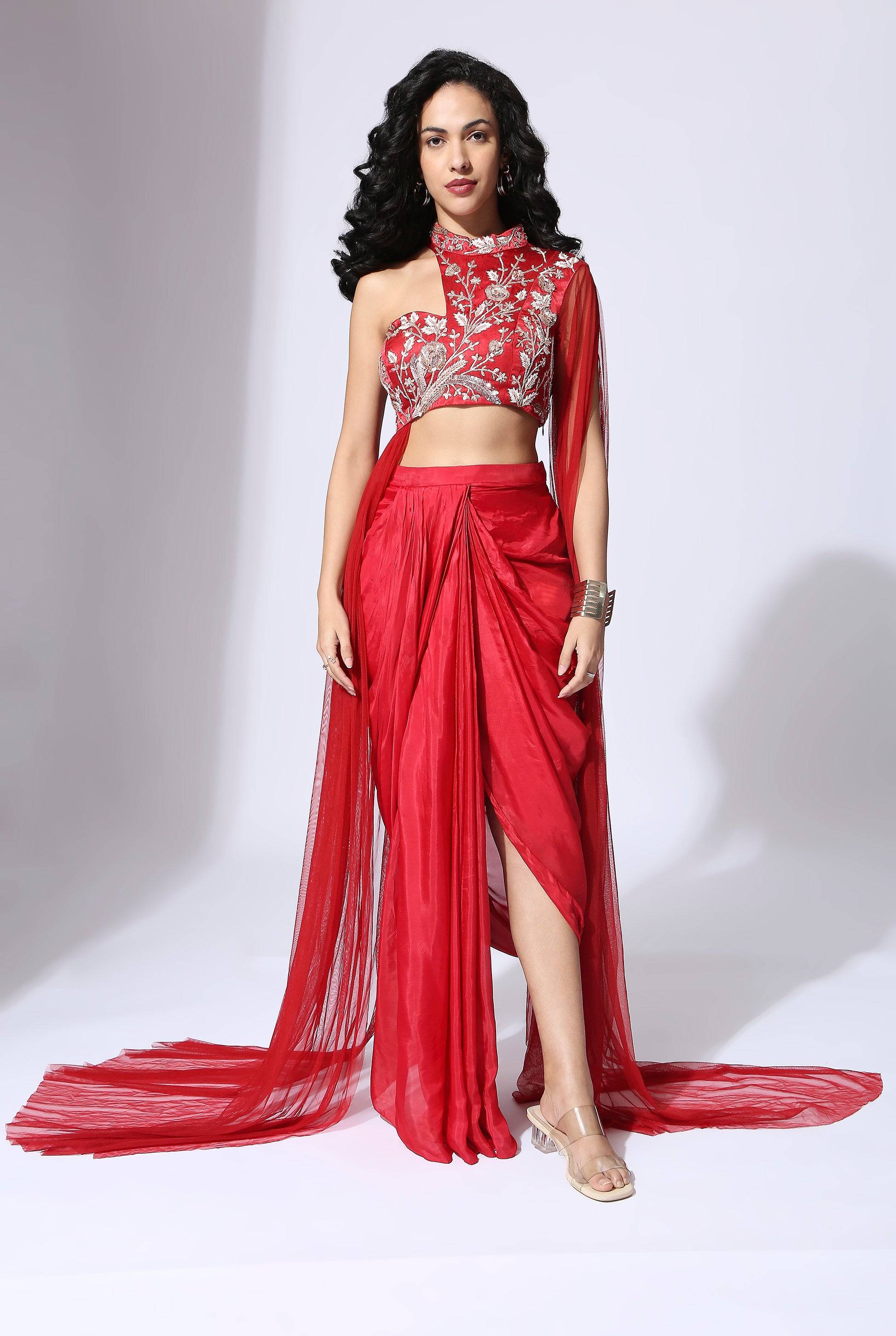 Red Embroidered Dhoti Set