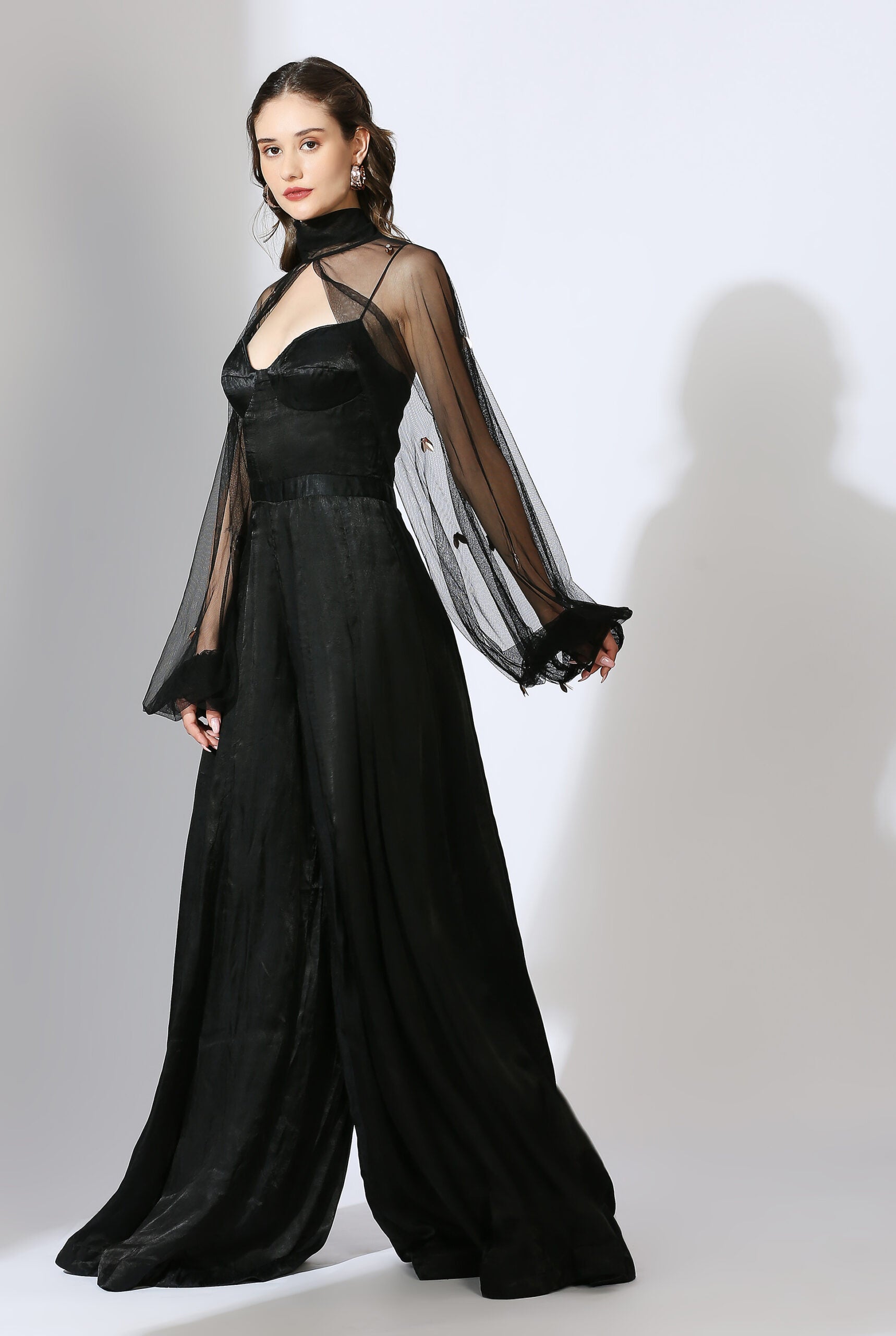 Black Jumpsuit with Embroidered Net Poofy Sleeves