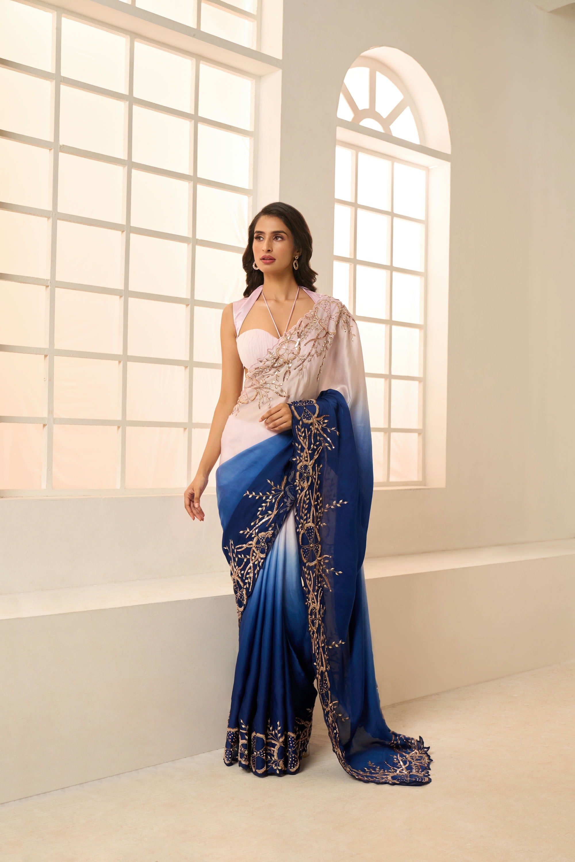 Lilac and Navy Blue ombre  embroidered saree with Roughed blouse