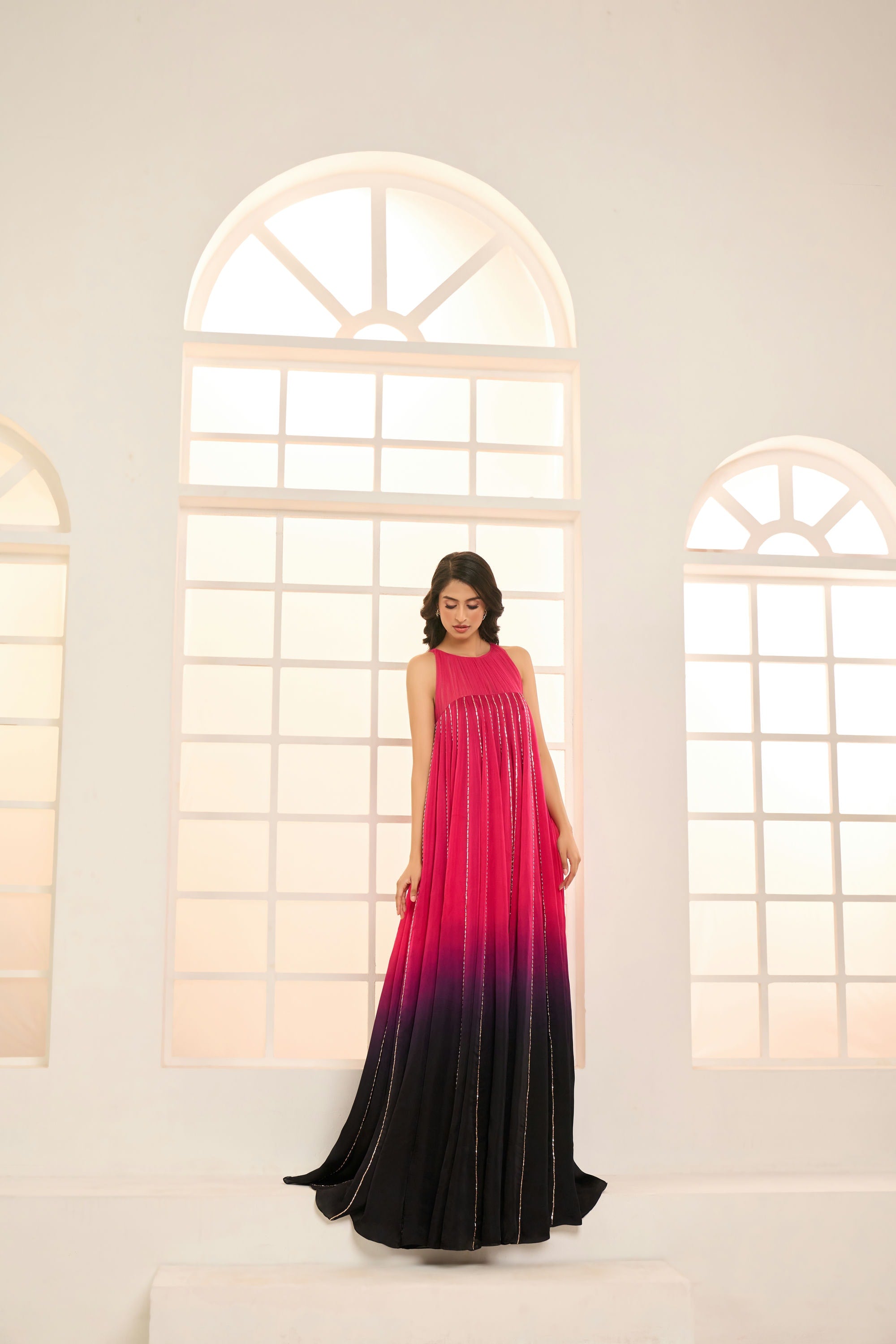 Hot Pink and Black Ombre  embroidered Trapeze Gown