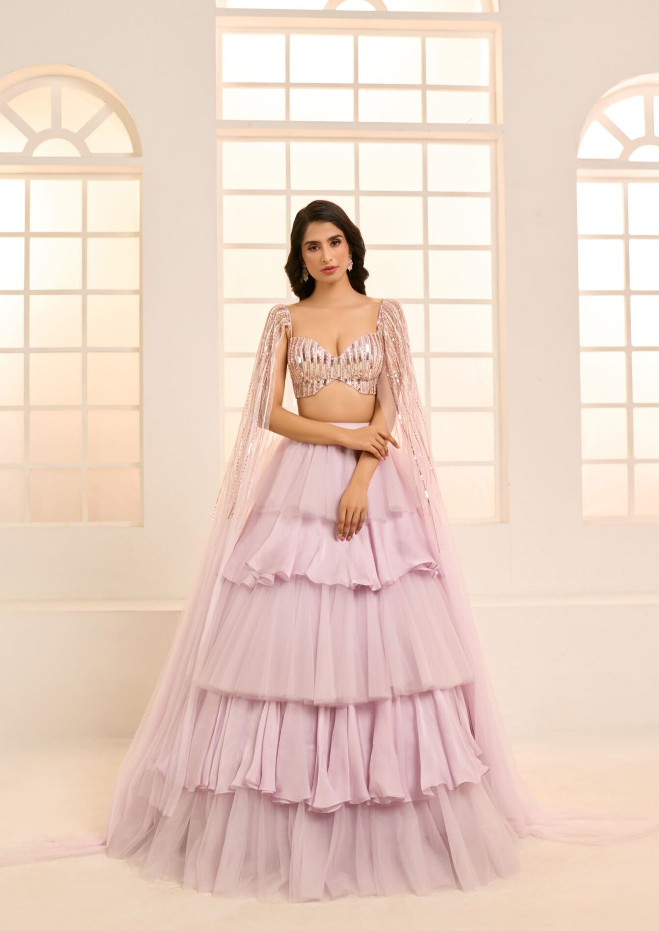 Lilac Ruffle Layered Lehenga With Embroidered Blouse