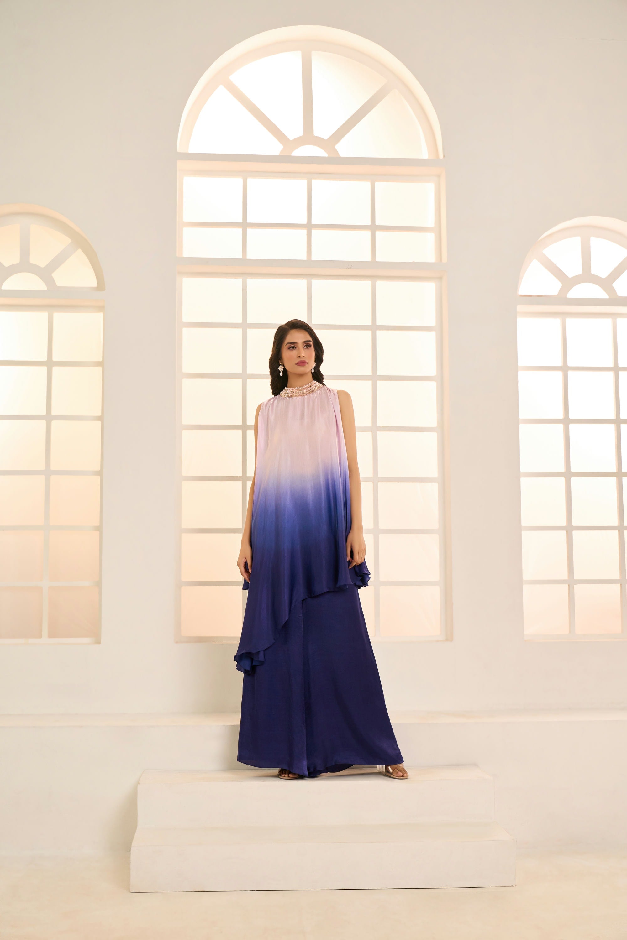 Lilac And Navy blue embroidered kurta set