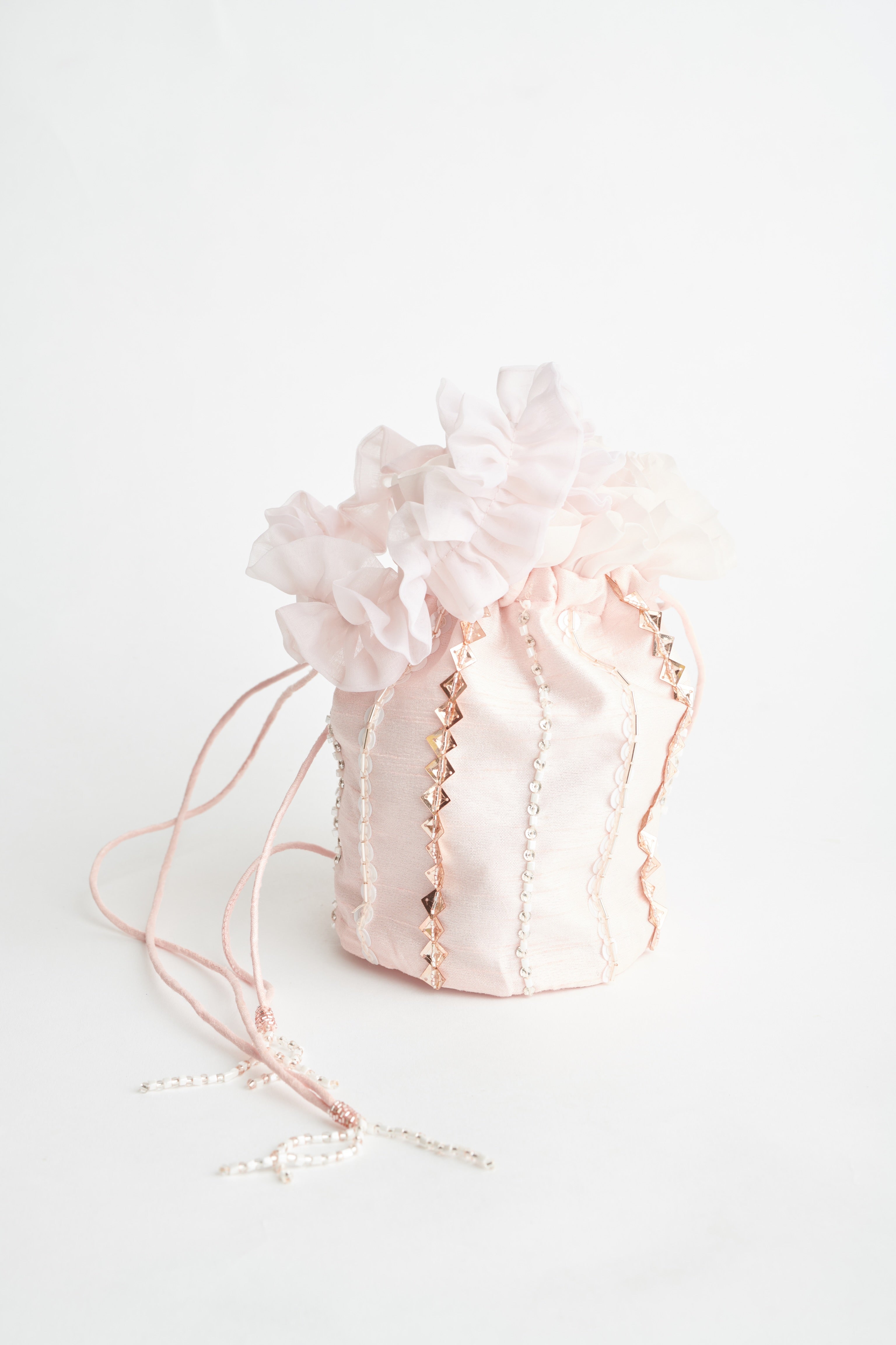 Baby Pink Embroidered Ruffle Hanging Potli