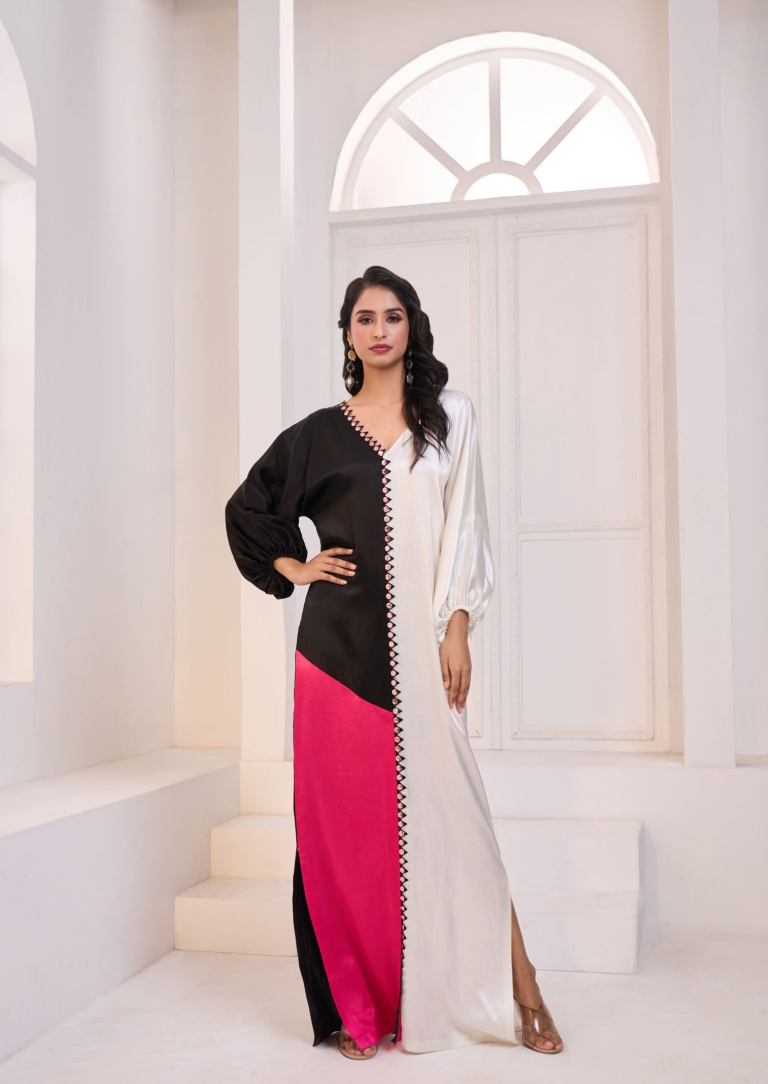 White, Black And Hot Pink Patch Embroidered Long Kurta