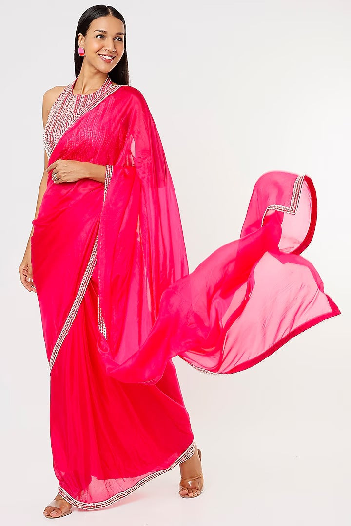 Hot Pink Silk Saree Set