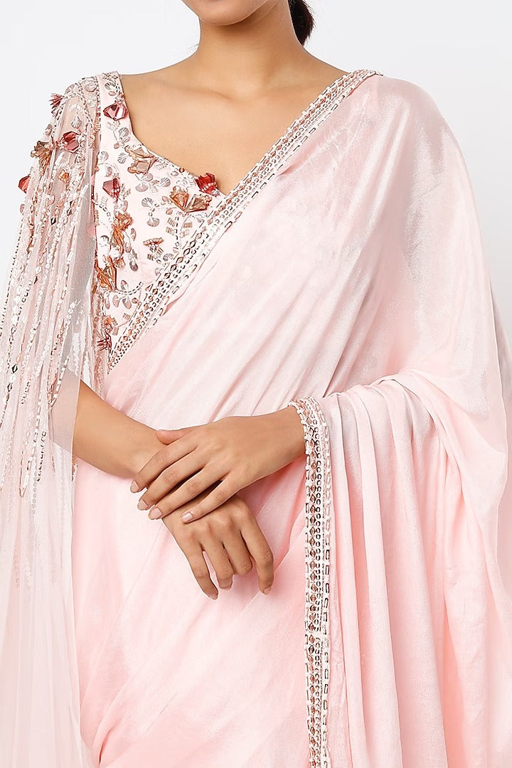 Blush Pink Tabby Silk Draped Saree Set