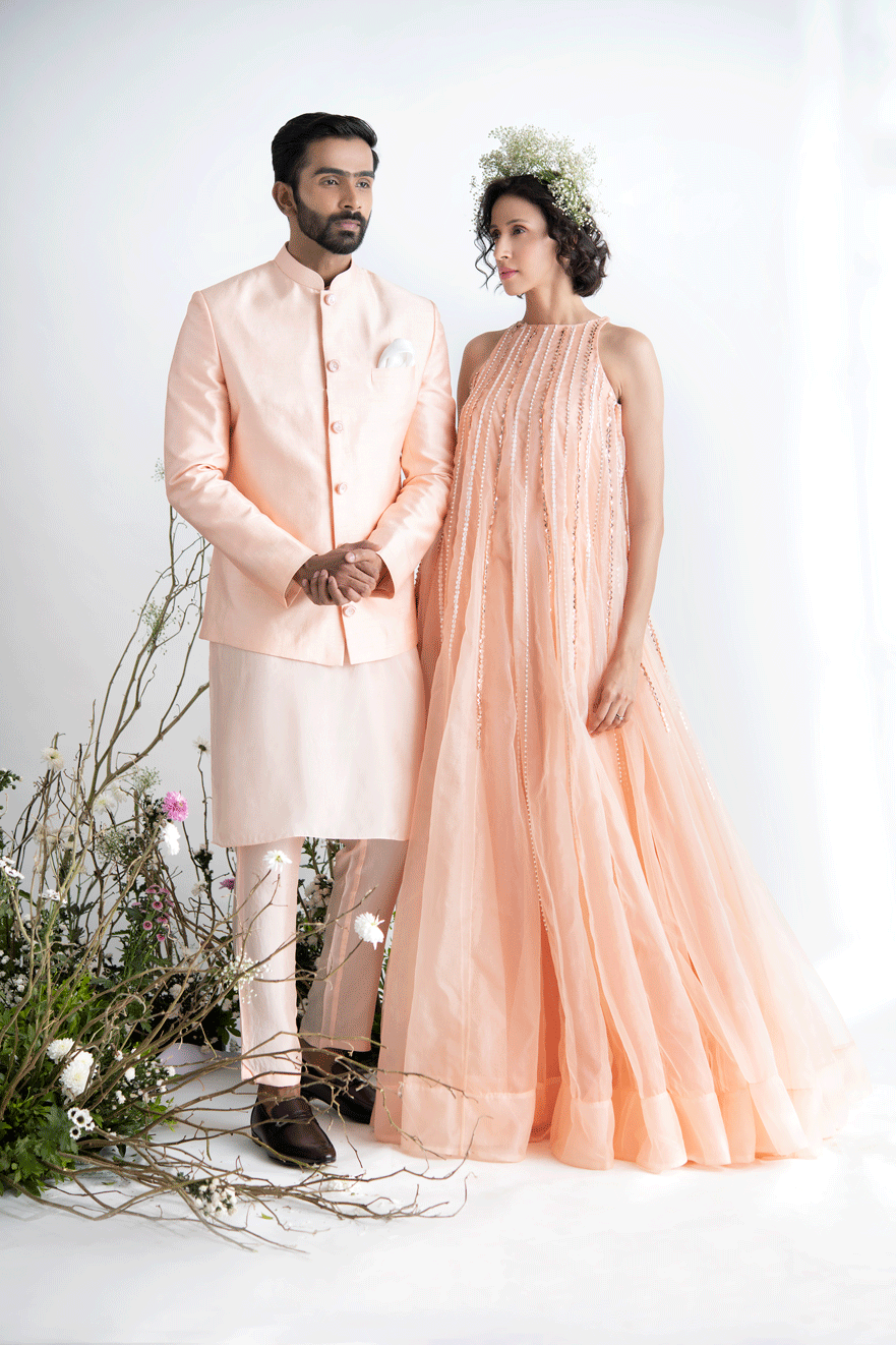 Peach Jacket Set And Trapez Gown