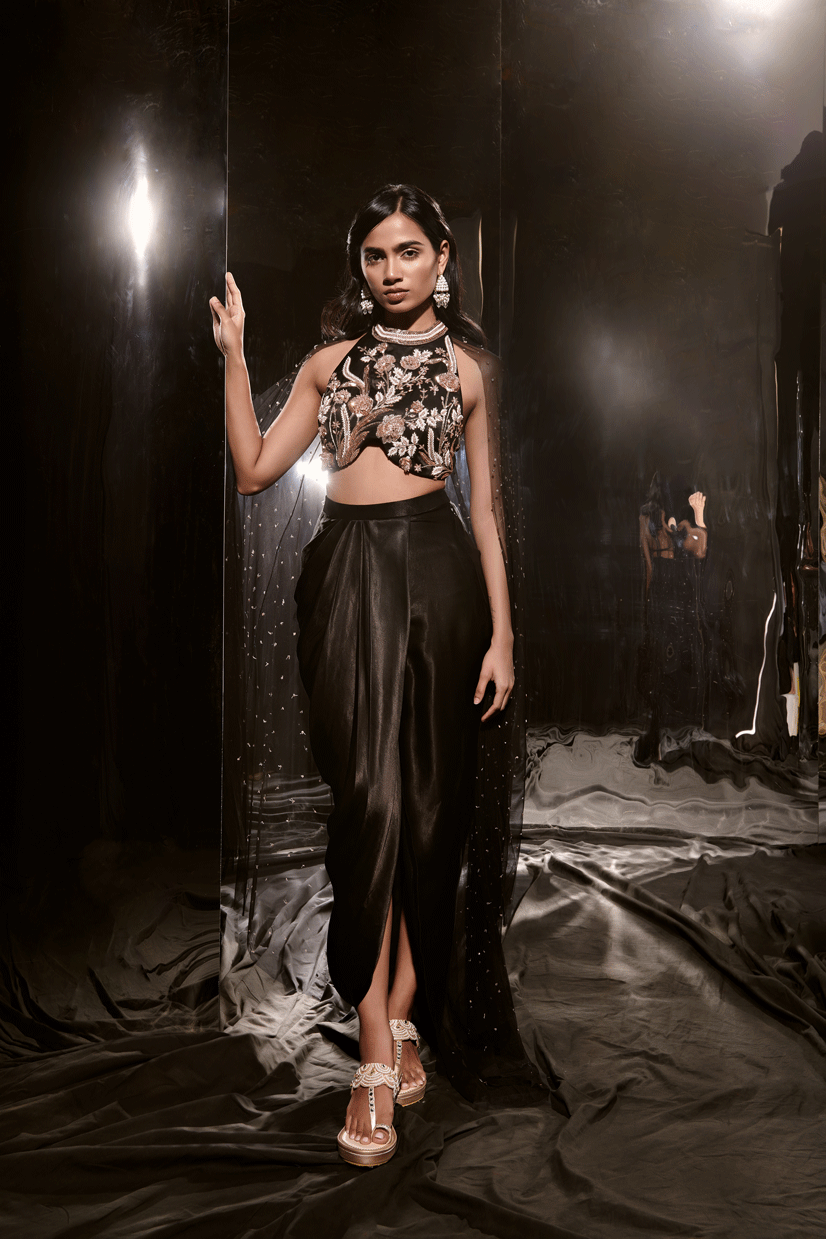 Black Embroidered Dhoti Set With Cape