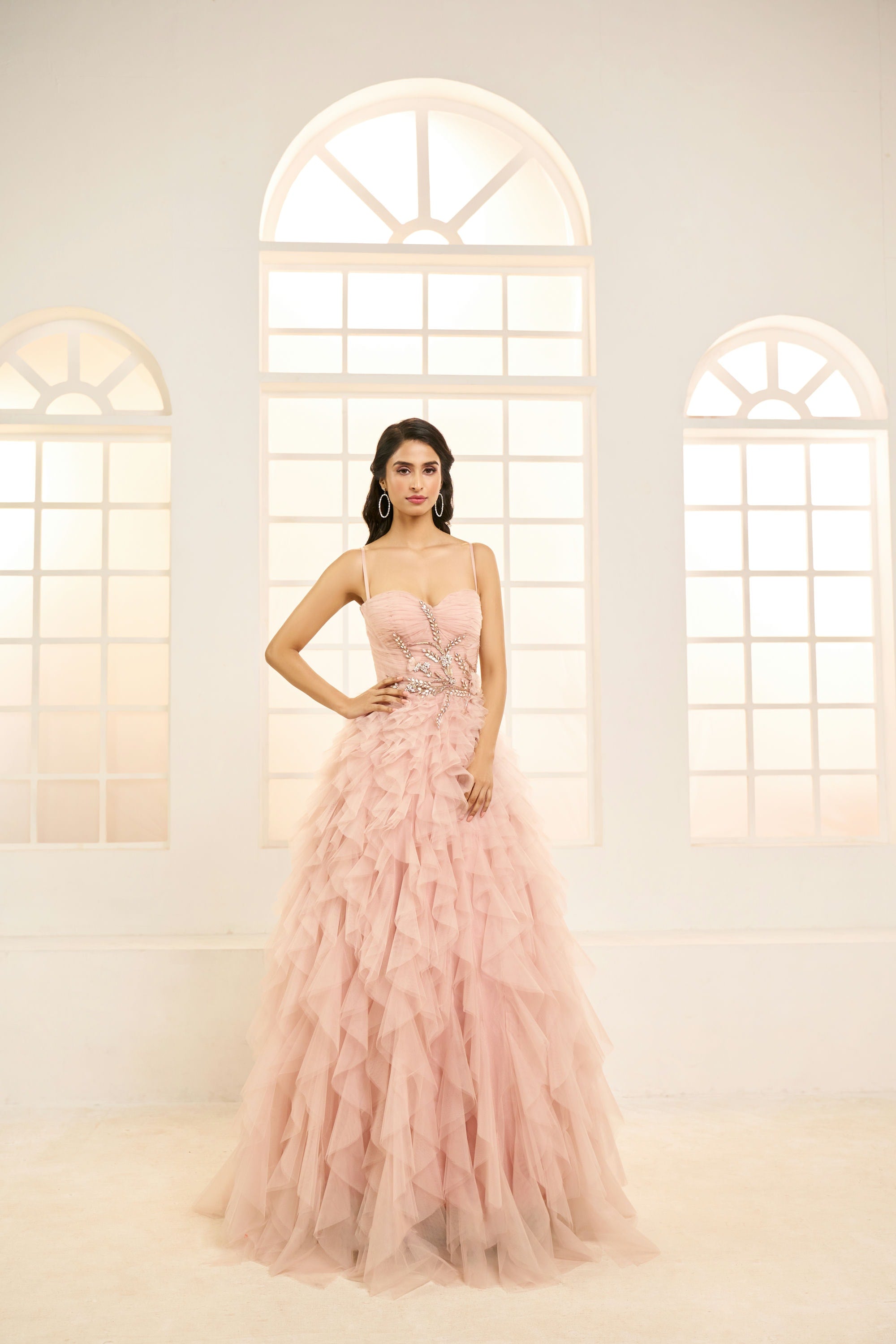 Rose Pink Embroidered Net Ruffle Gown