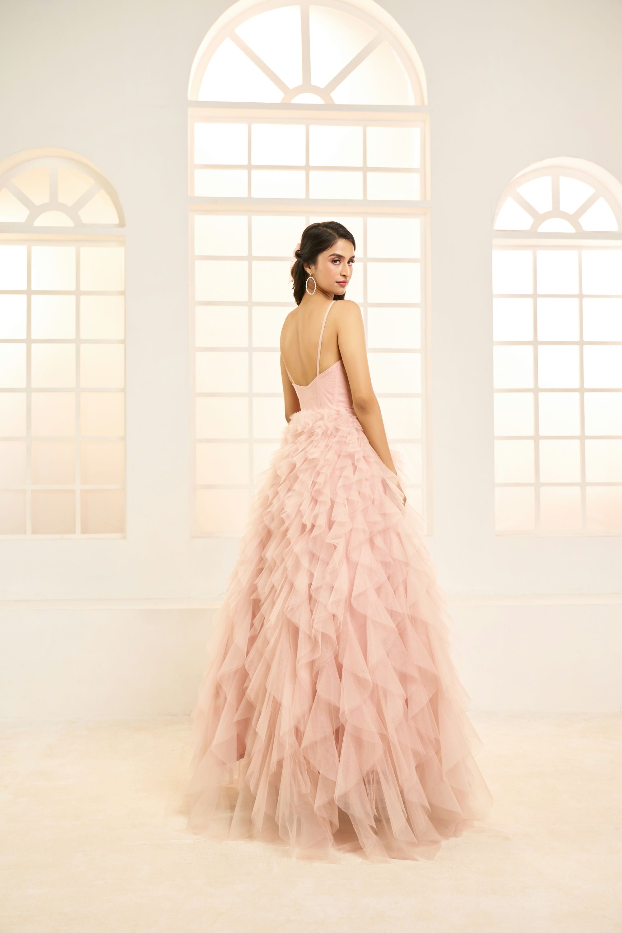 Rose Pink Embroidered Net Ruffle Gown