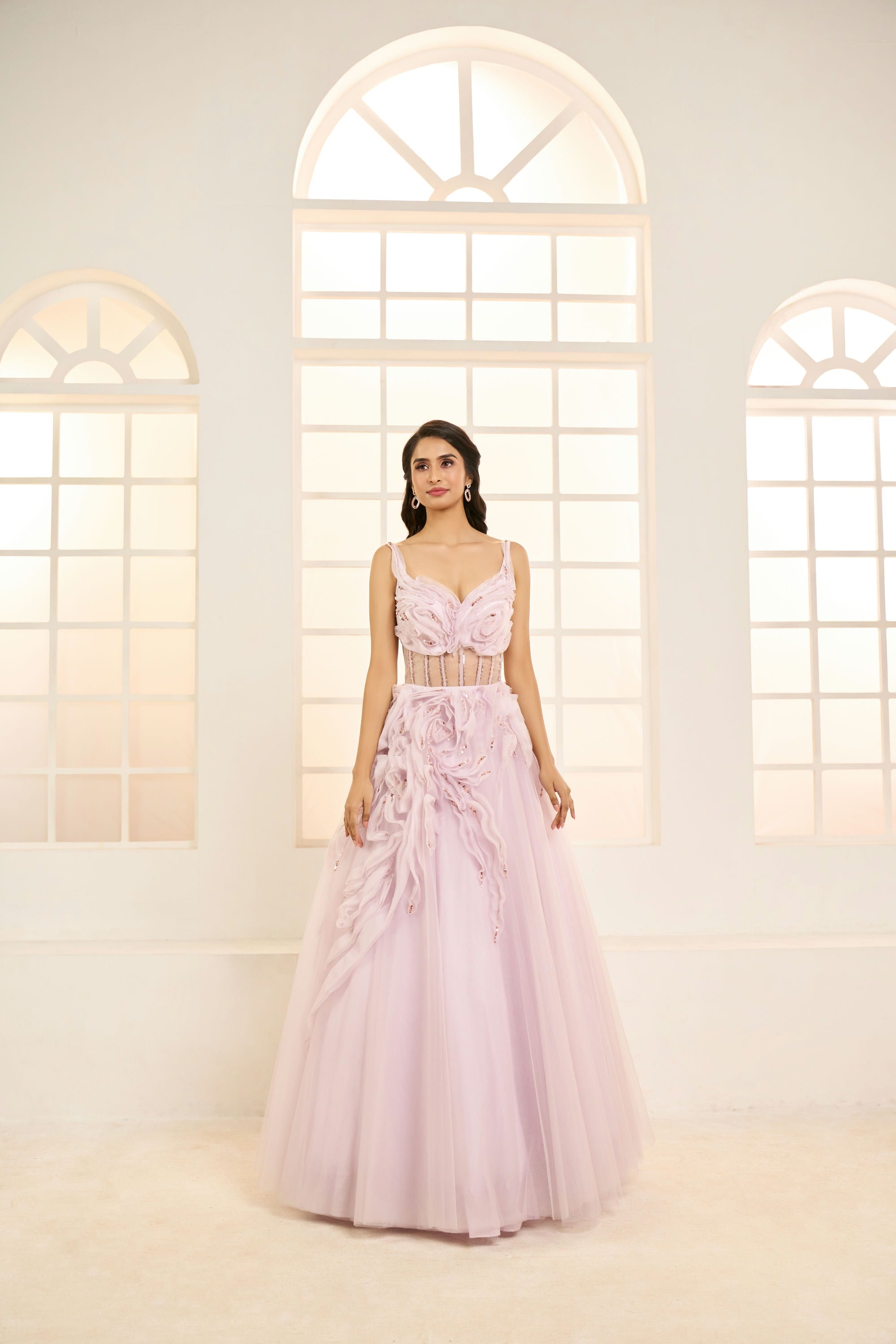 Lilac Net Gown with Ruffle Embroidery