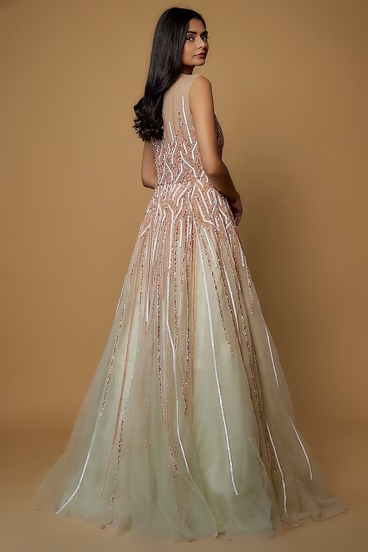 Sage Green Net Embroidered Gown