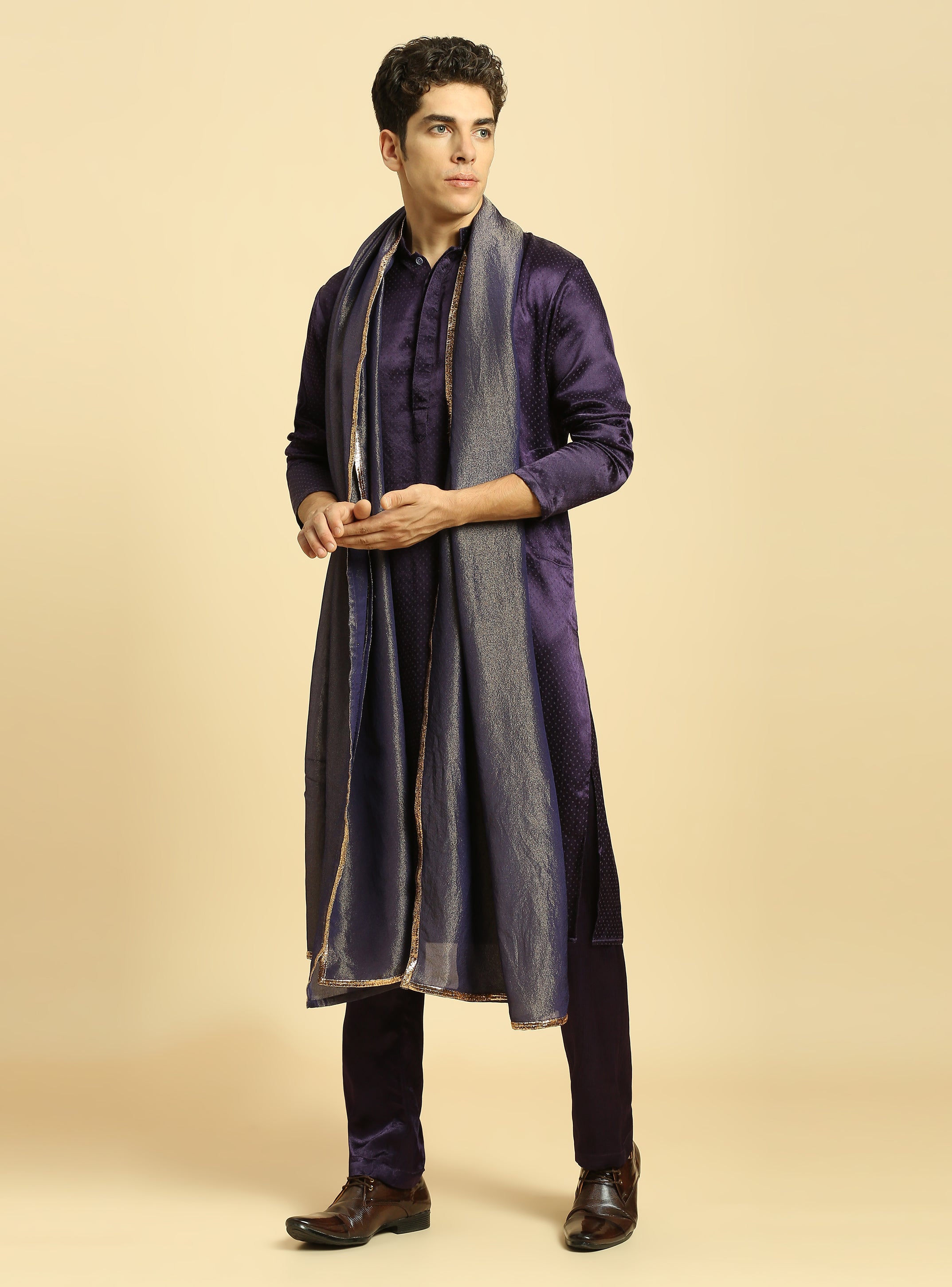 Deep Purple Kurta with Pant with Tissue Embroidered Dupatta