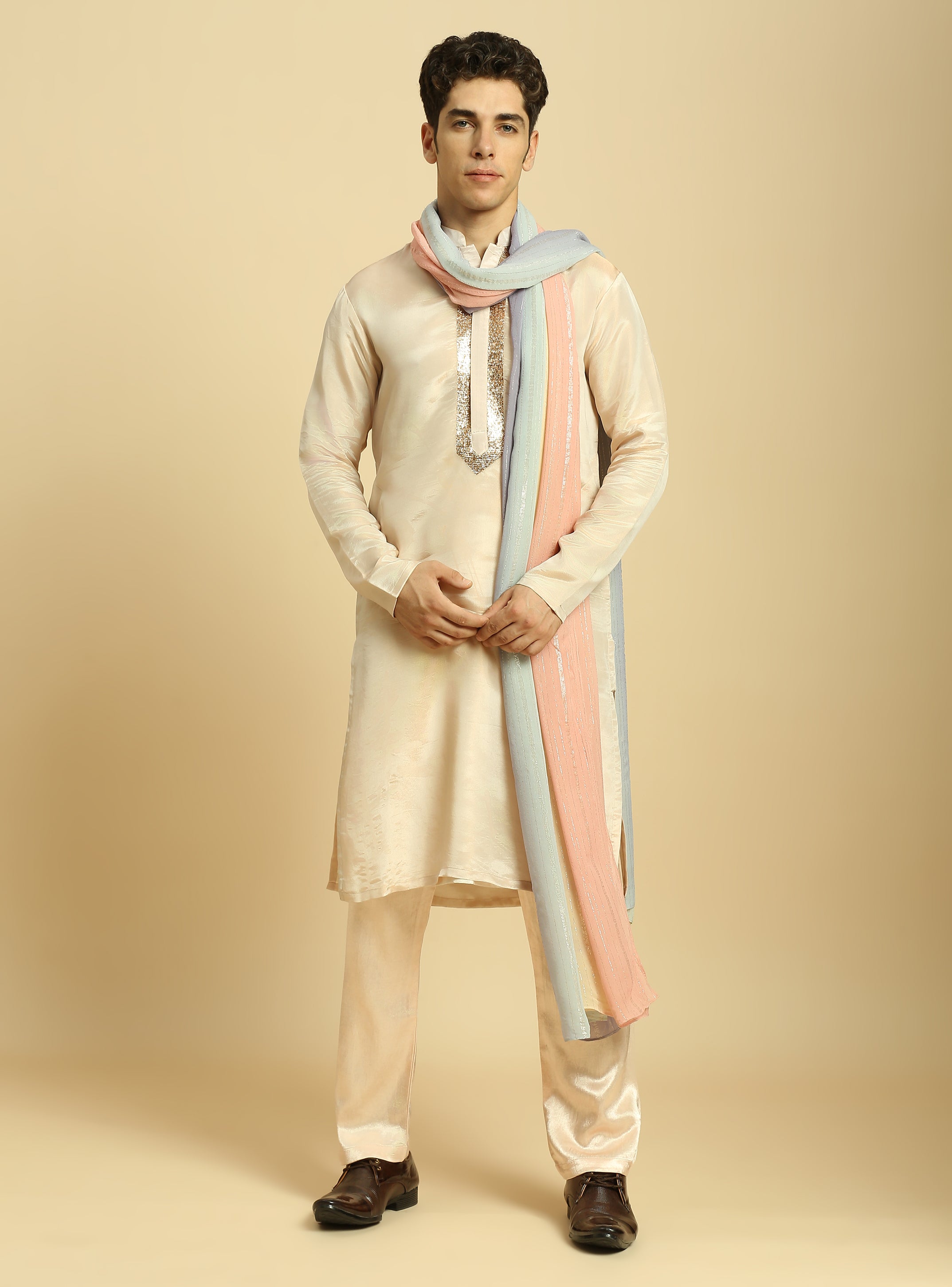 Peach Tissue Kurta With Pant With Ombre Dupatta
