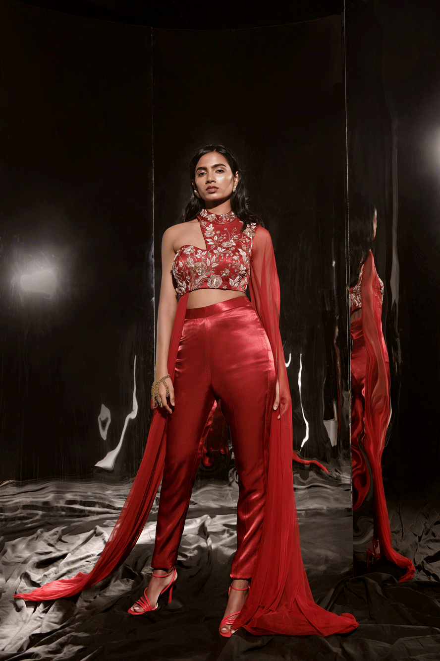 Red Embroidered Pant Set With Drape