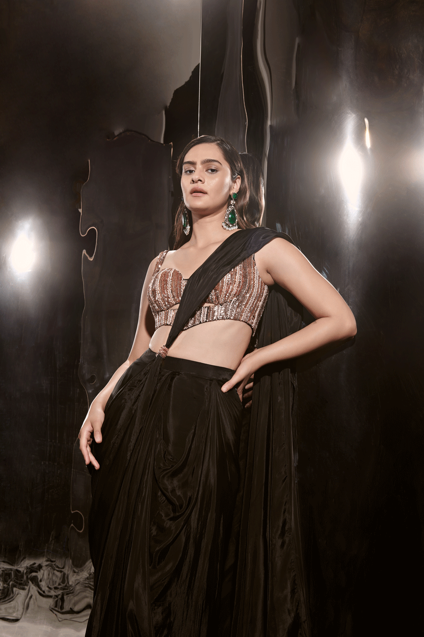 Black Embroidered Pre-Drape Saree Set With Corset Blouse