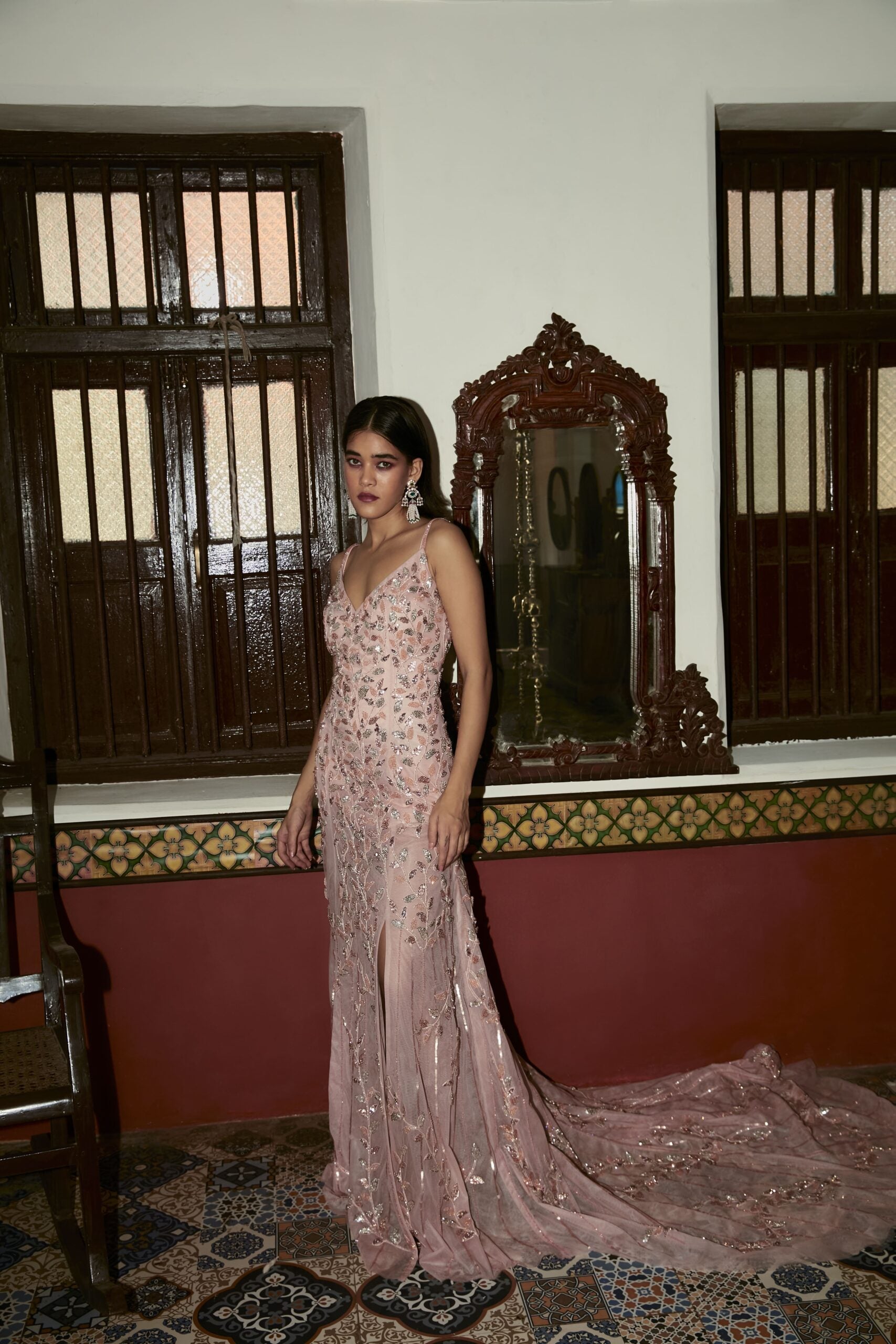 Rose Gold 3D Embroidered Trail Gown With Slit