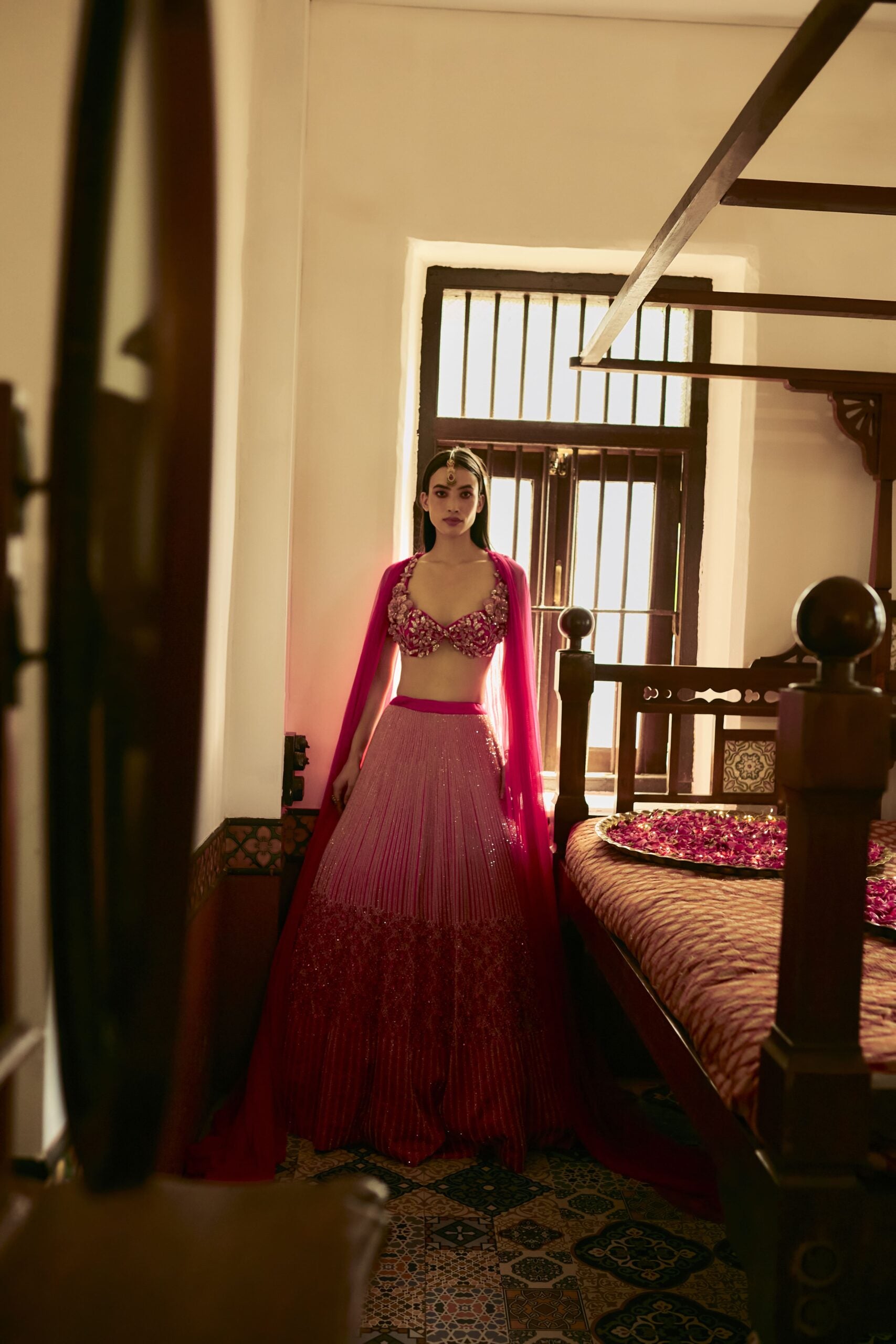 Hot Pink 3D Embroidered Bridal Lehenga With Cape