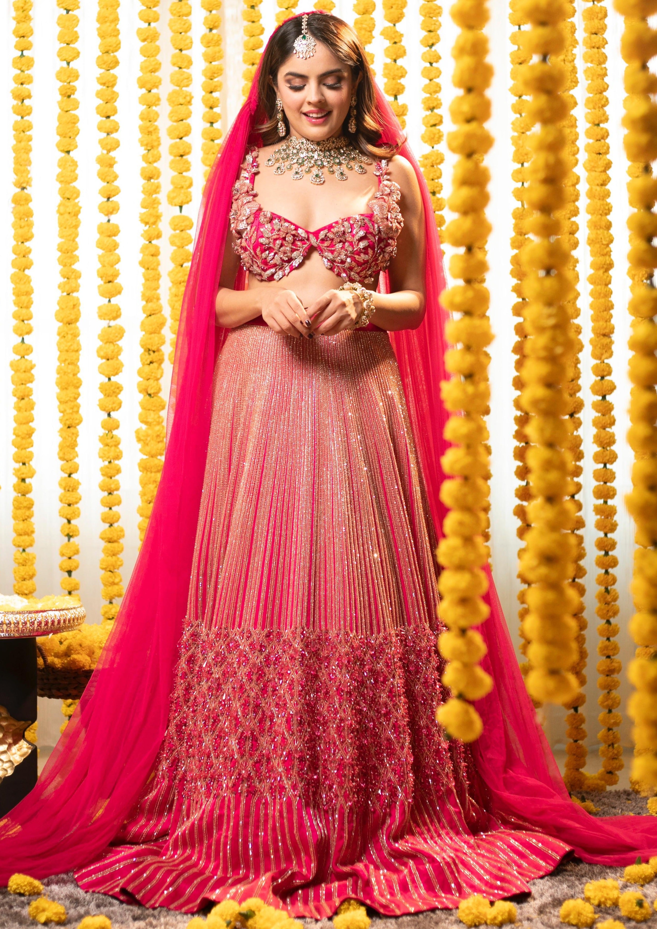 Hot Pink 3D Embroidered Bridal Lehenga With Cape