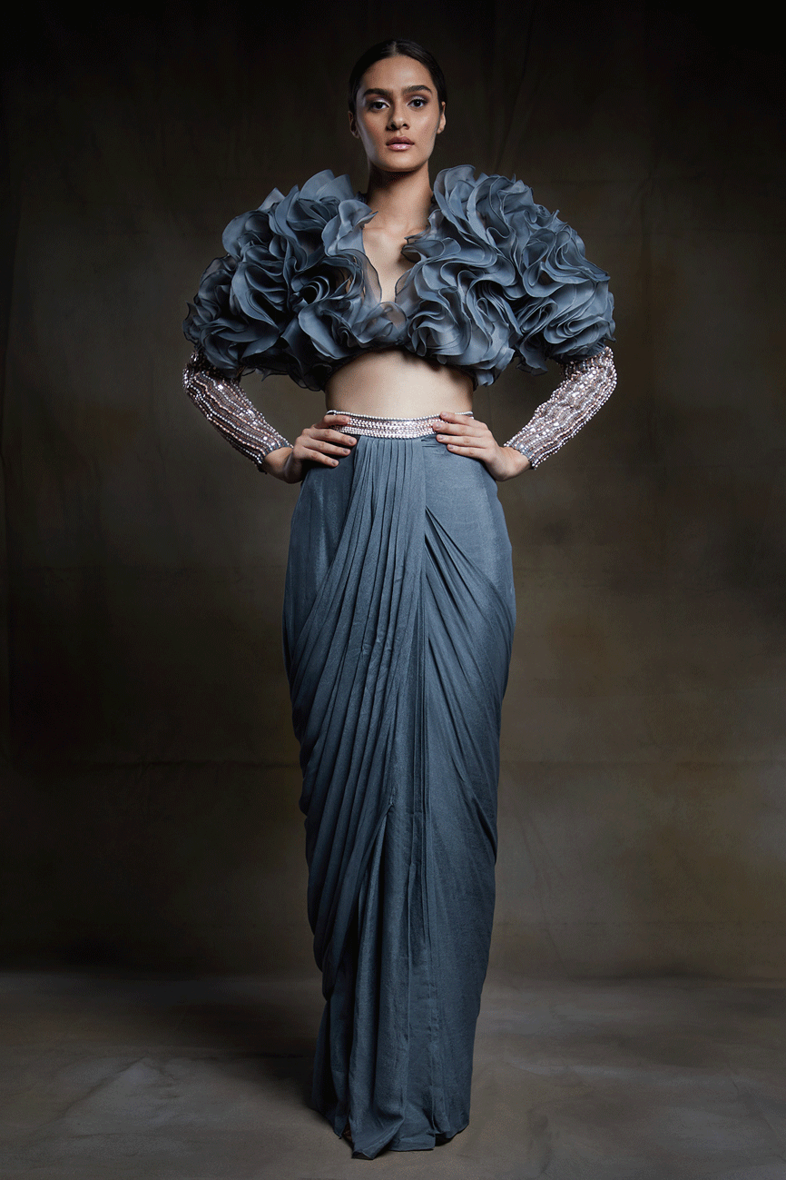 Grey Dhoti With Embroidered Ruffle Blouse
