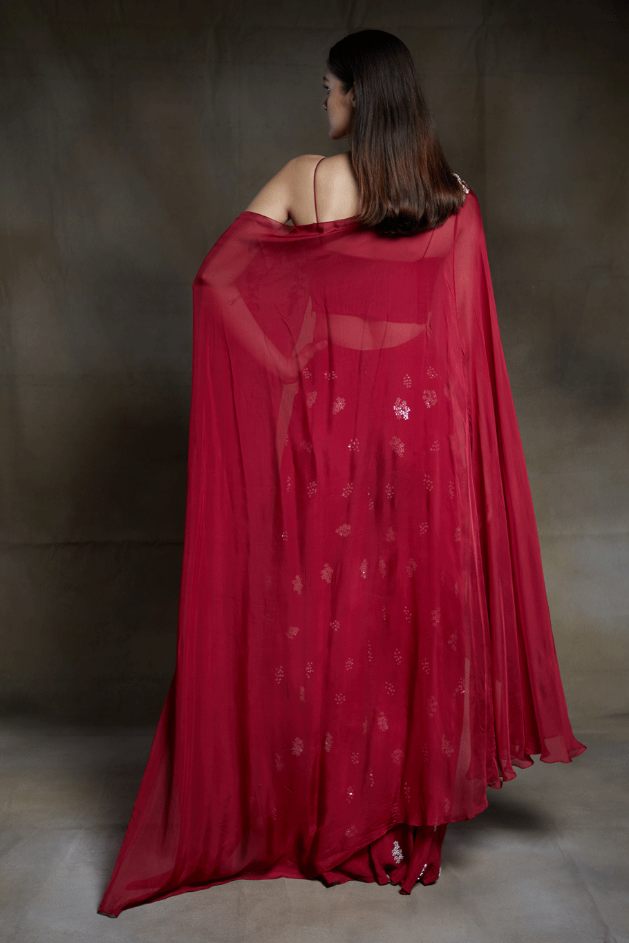 Crimson Embroidered Sharara Pant With One Shoulder Drape