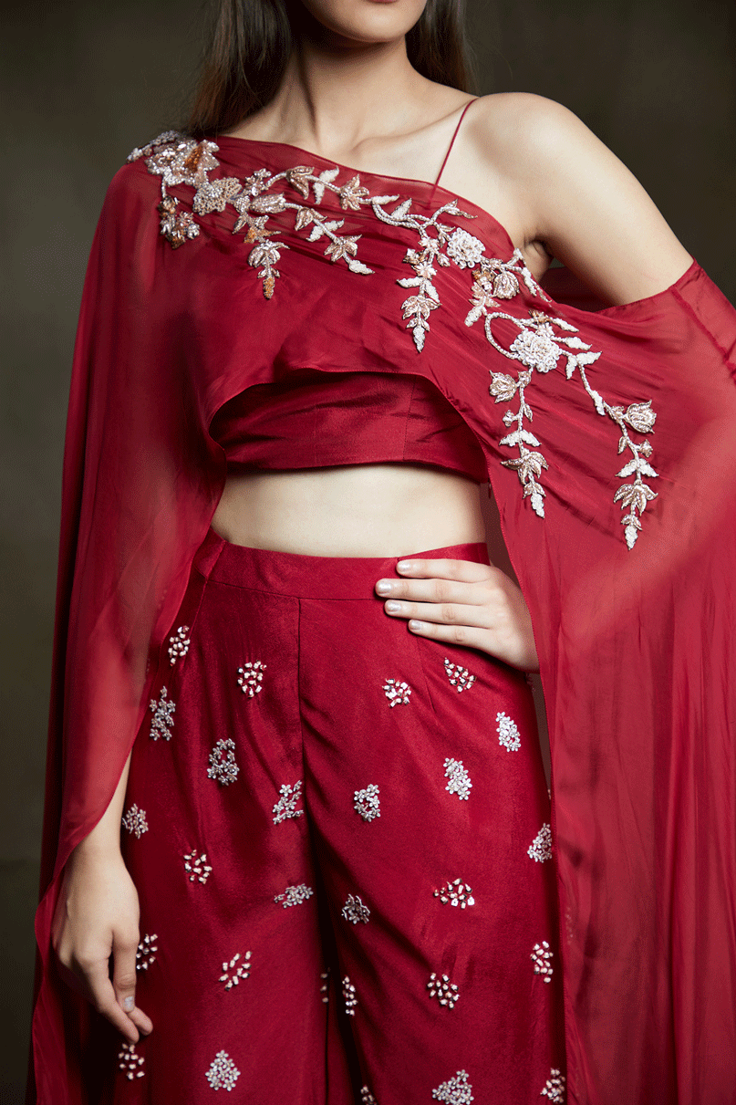 Crimson Embroidered Sharara Pant With One Shoulder Drape