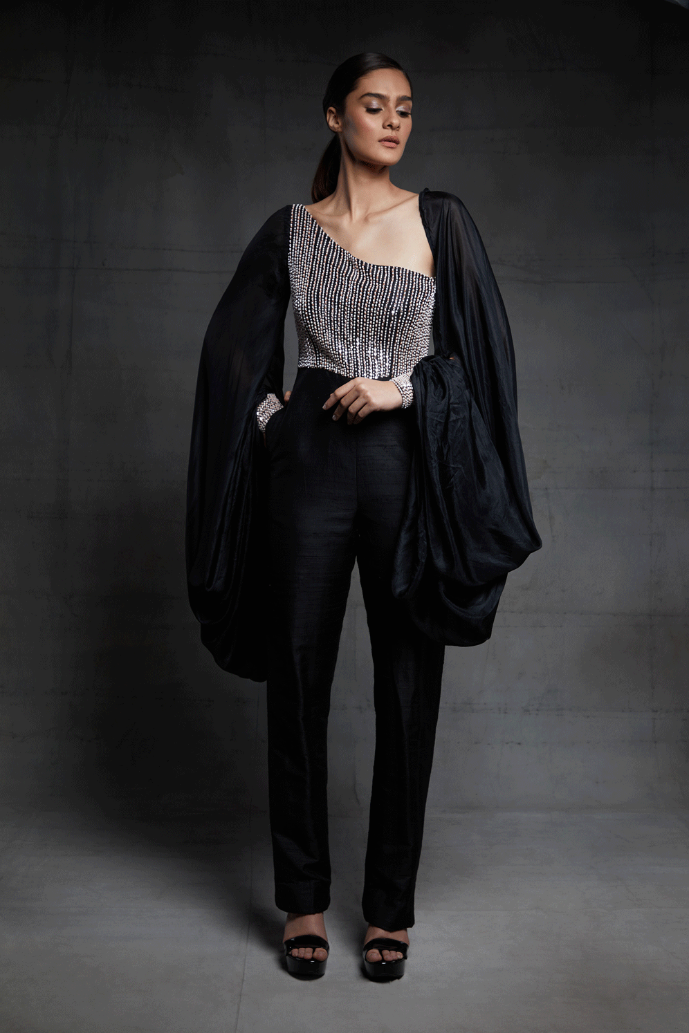Black Embroidered Pant Set With Loose Sleeves