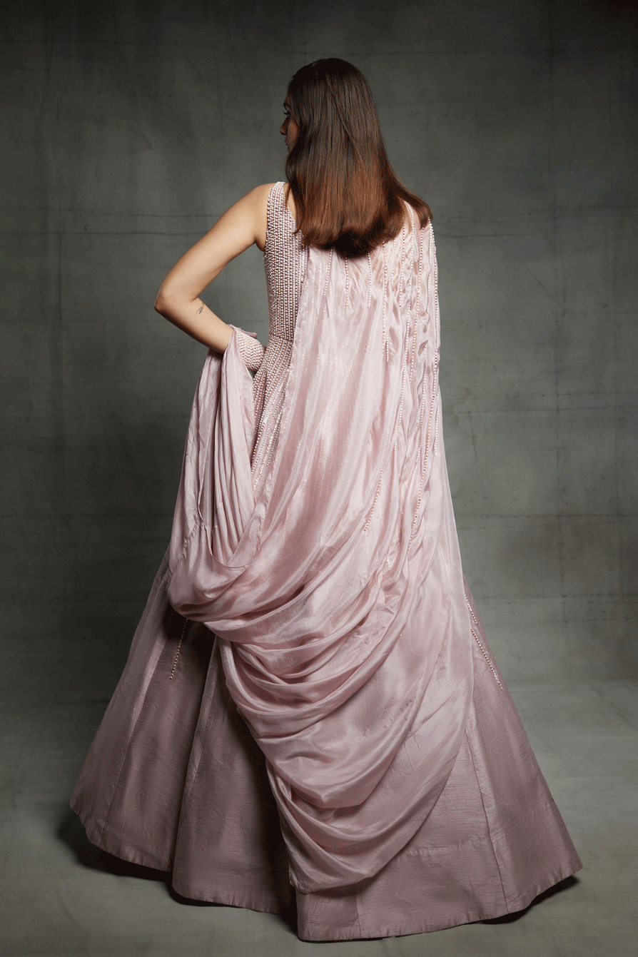 Pink Embroidered Gown With A Cape
