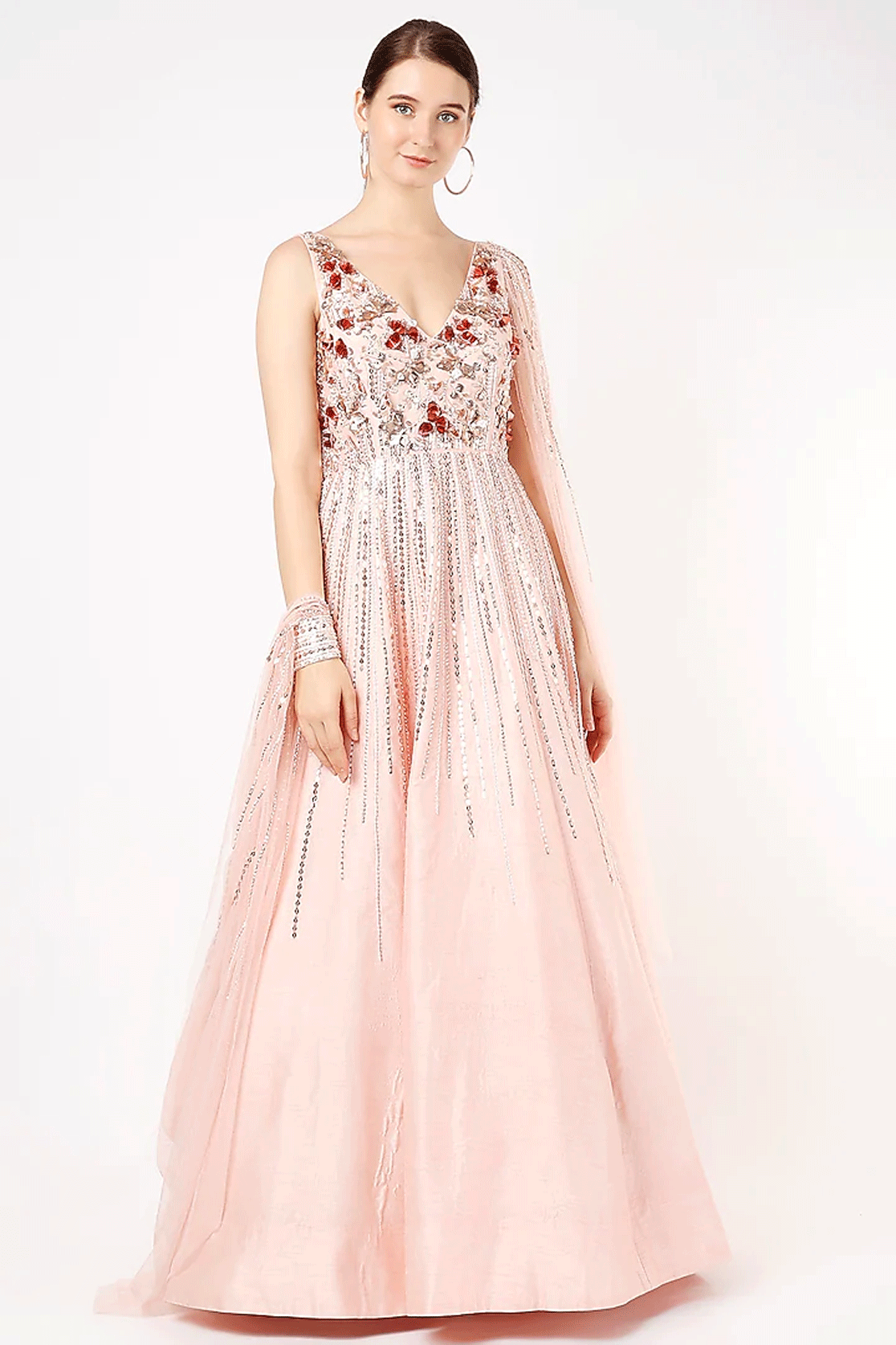 Blush Pink Embroidered Gown With Drape