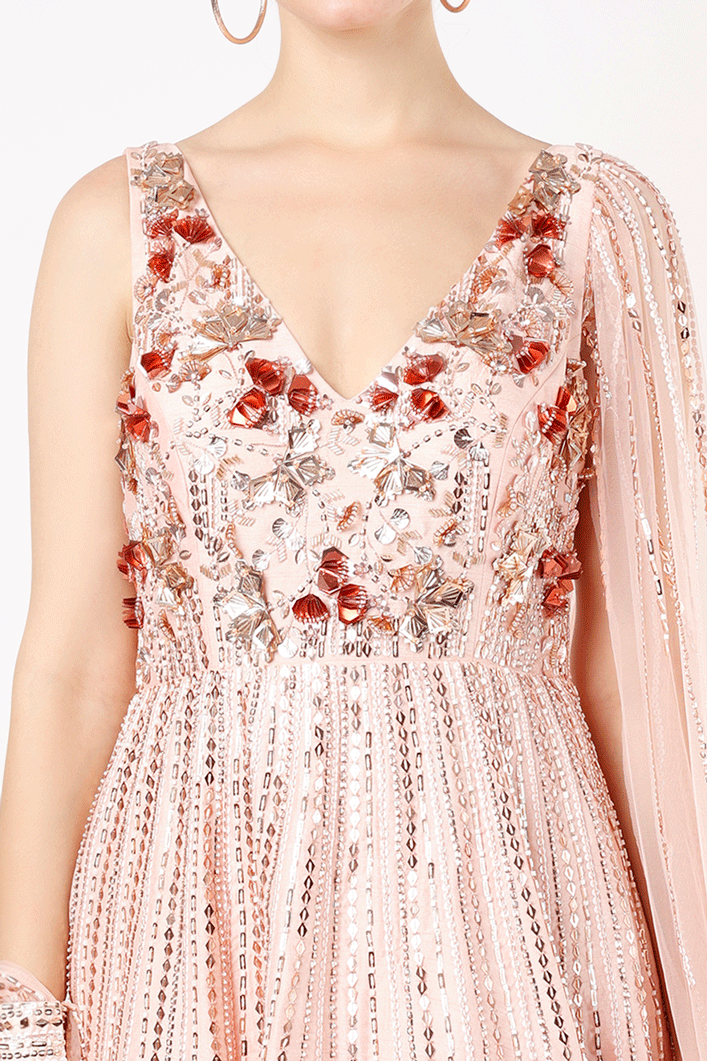Blush Pink Embroidered Gown With Drape