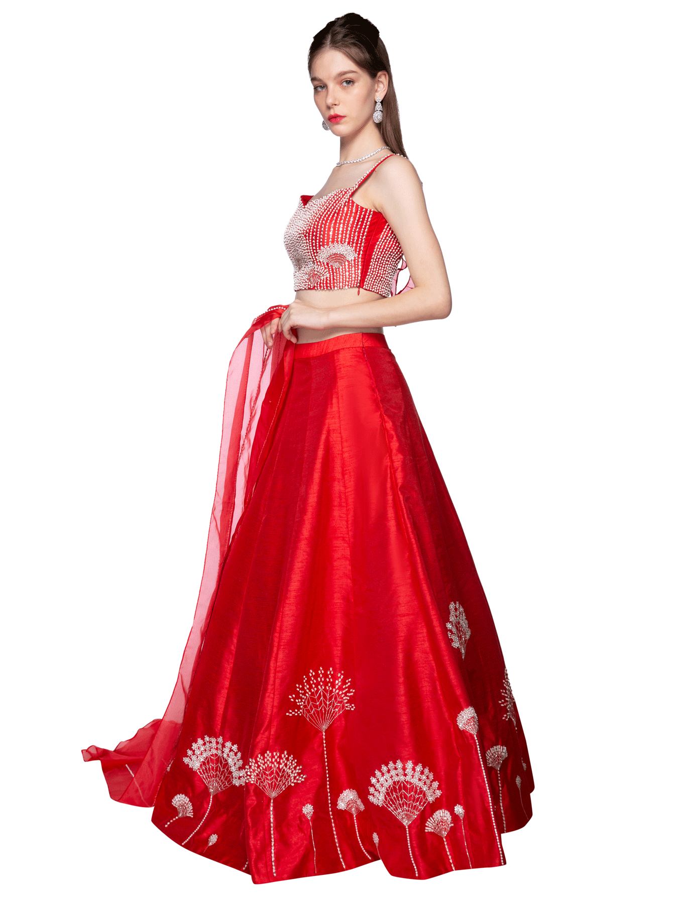 Red Floral Embroidered Lehenga