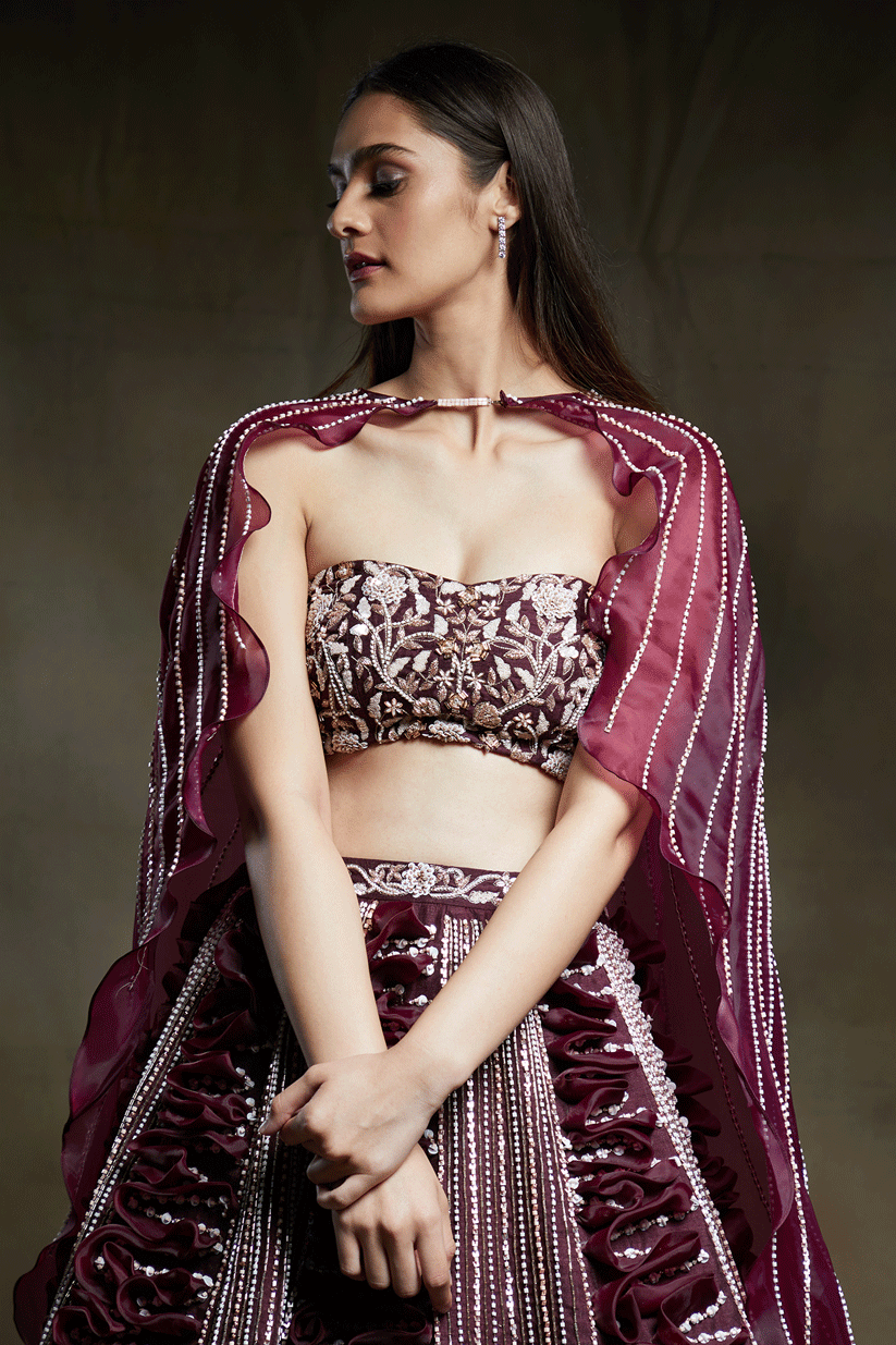 Wine Embroidered Bridal Lehenga With Embroidered Blouse And Cape