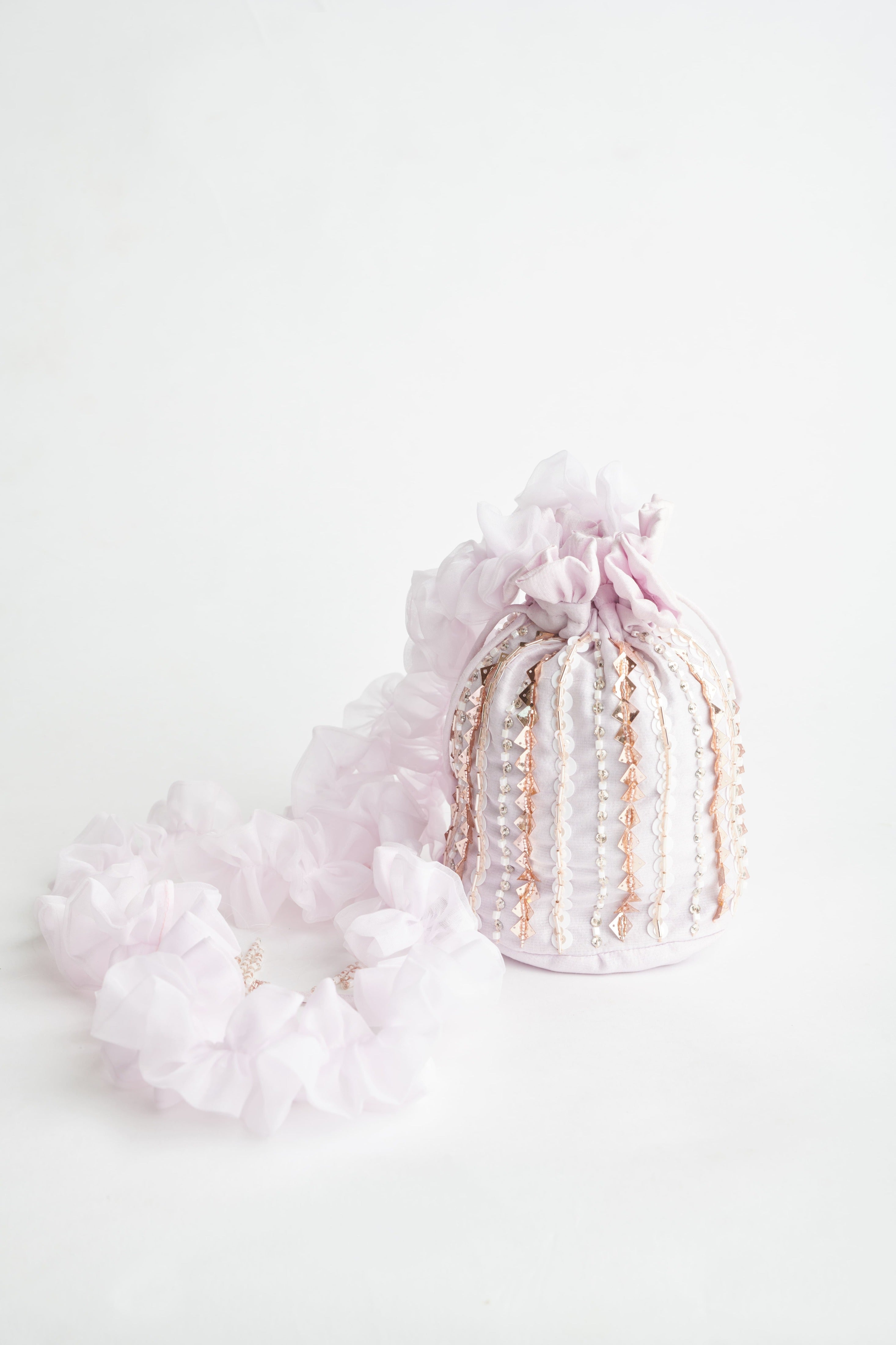 Lilac Embroidered Ruffle Hanging Sling Potli
