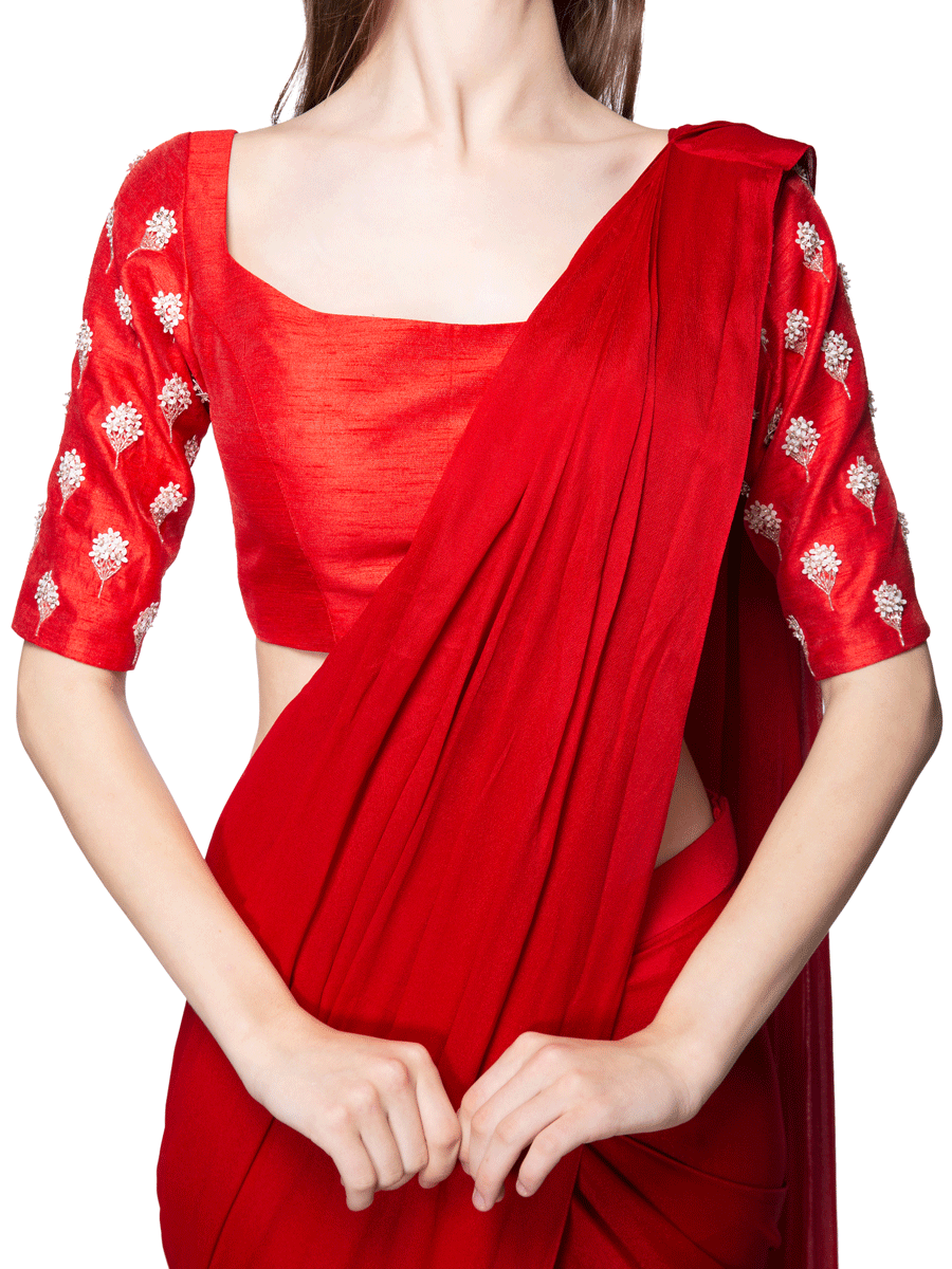 Red Saree With One Side Ruffle