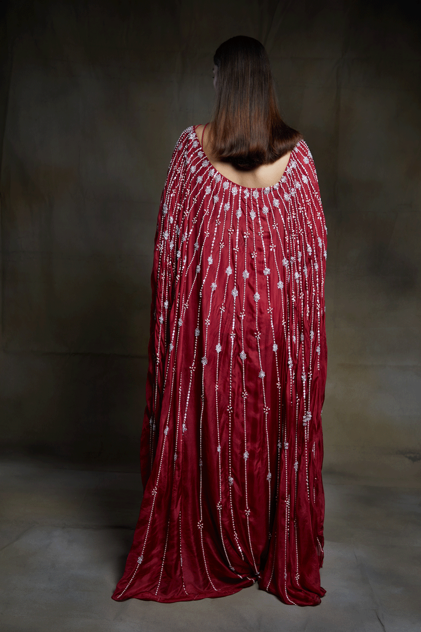 Crimson Embroidered Bustier With Pre Draped Saree And A Fully Embroidered Cape