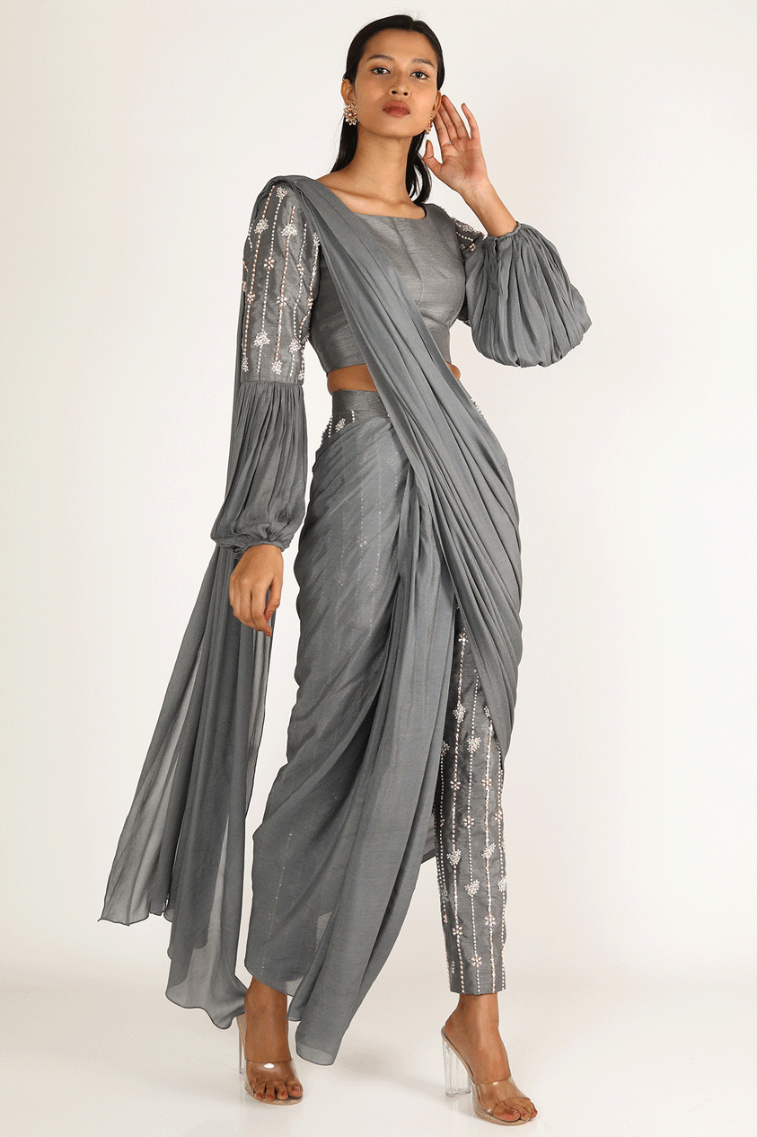 Grey Embroidered Pant Saree With Blouse