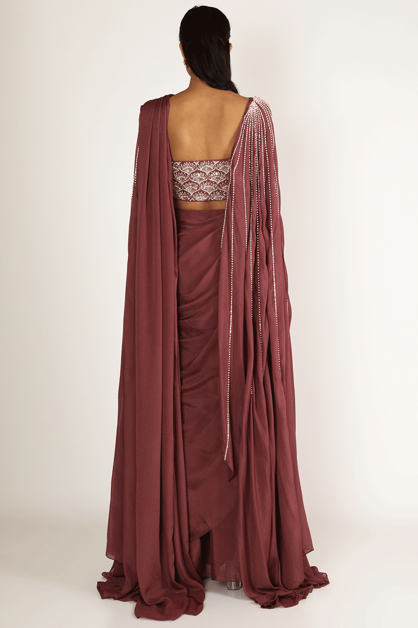 Brick Brown Embroidered Saree And Drape Embroidered Blouse