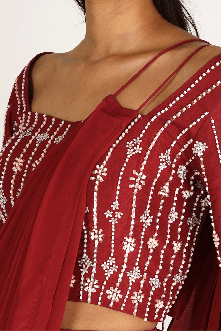 Red Saree With Embroidered Blouse