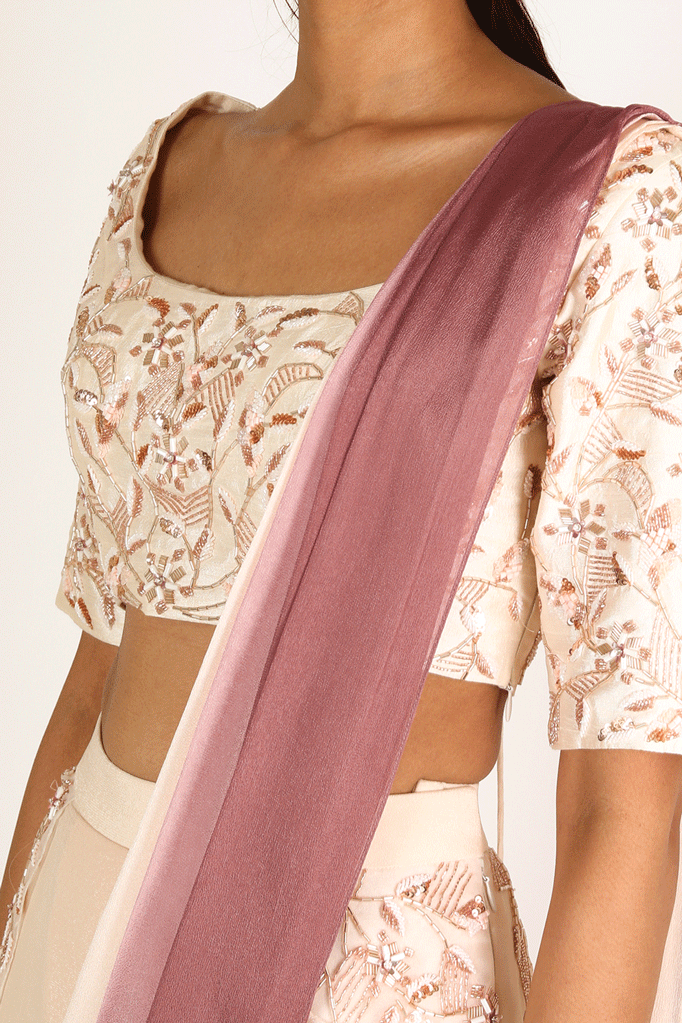 Nude To Lilac Saree With Embroidered Blouse