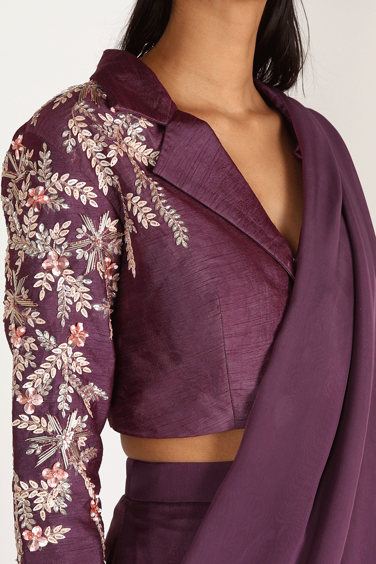 Purple Embroidered Saree Set