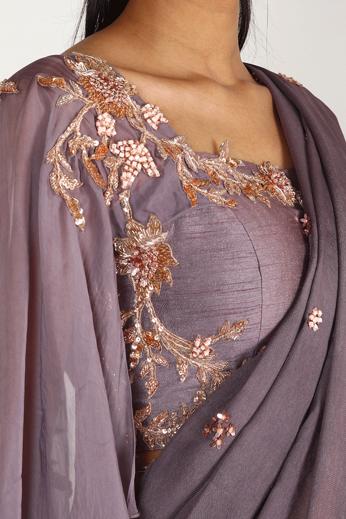 Purple Saree Set With One Side Drape