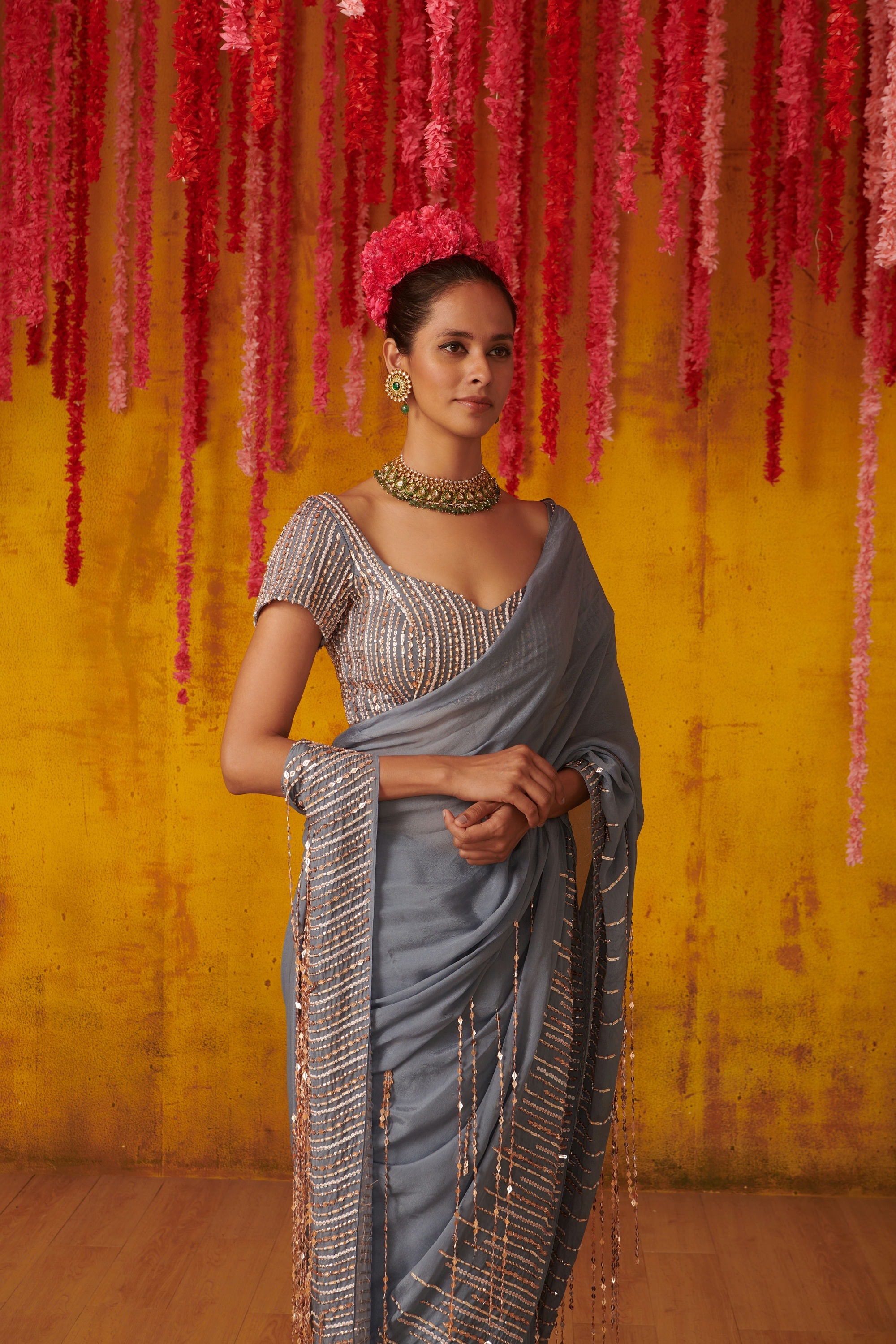Periwinkle Blue Embroidered Draped Saree Set