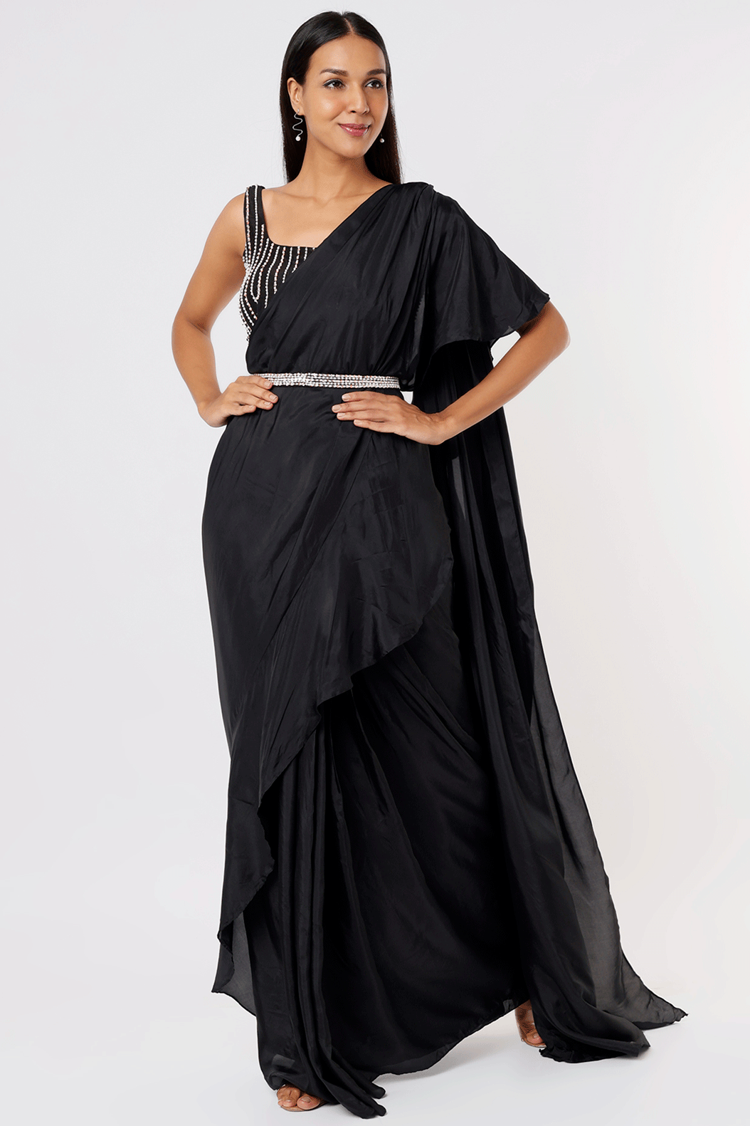 Black Embroidered Ruffle Saree With Belt