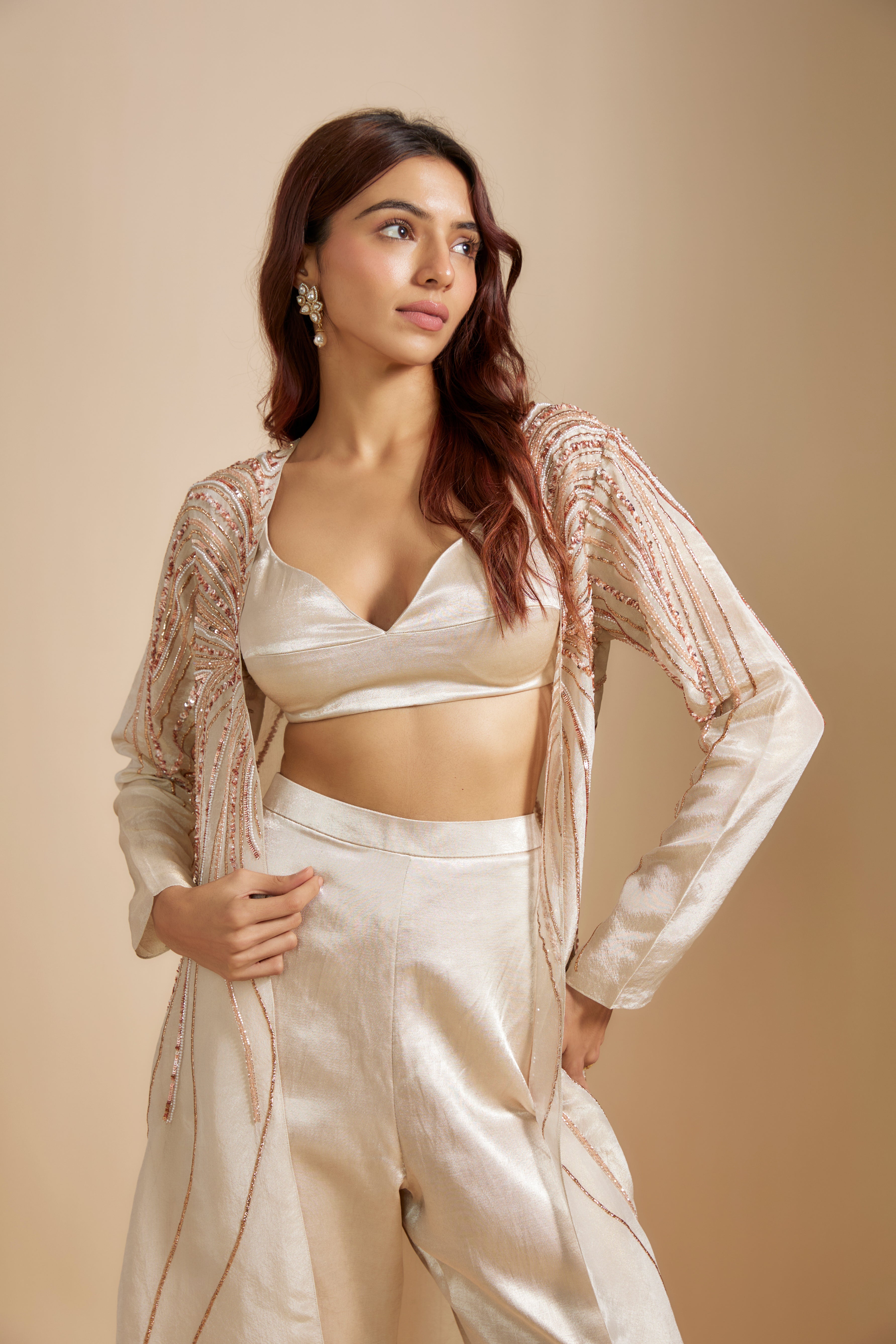 Beige Embroiderd jacket with Beige Top And Pant