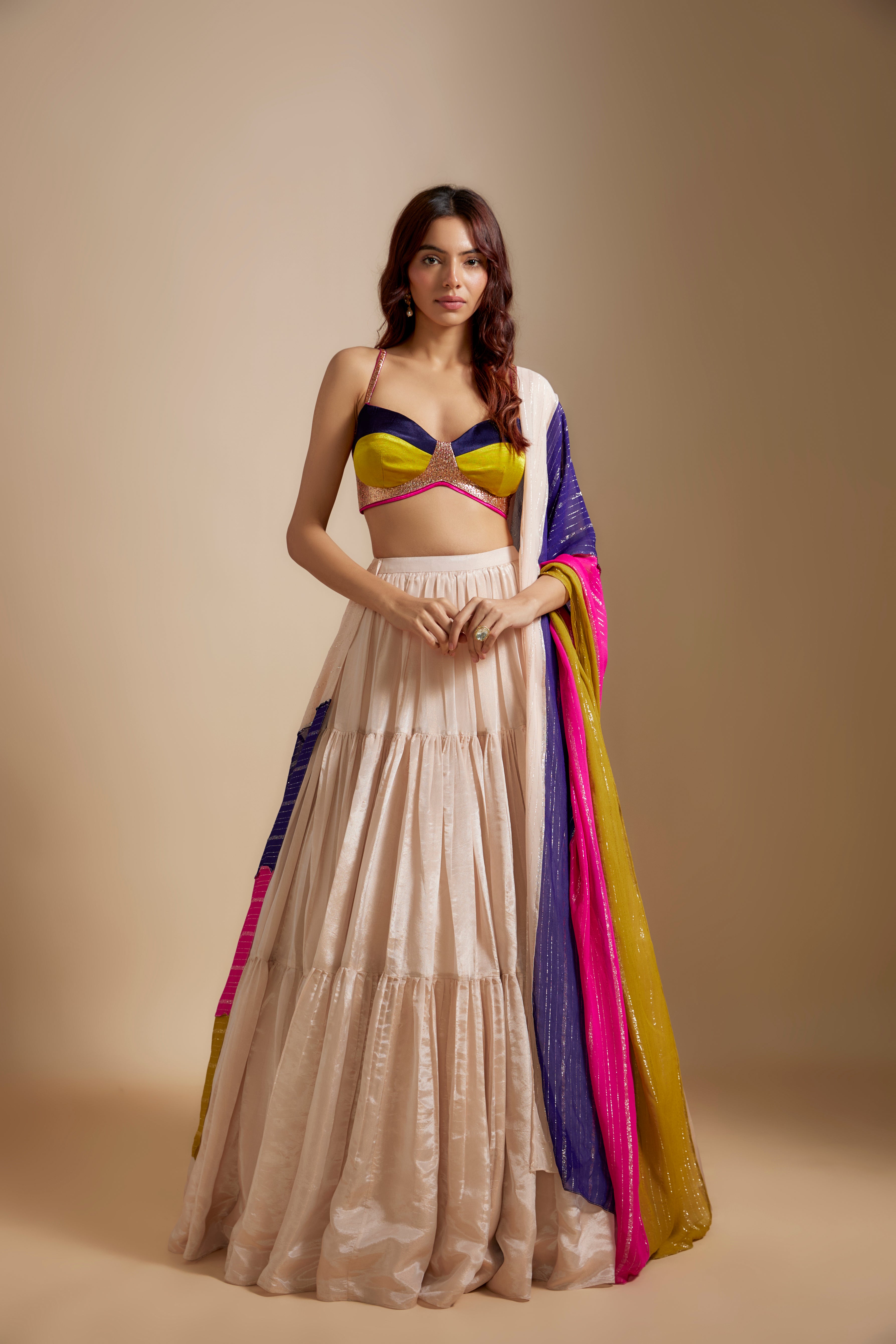 Peach Tissue Skirt With Multi- colored Blouse With Multi-Coloured Dupatta