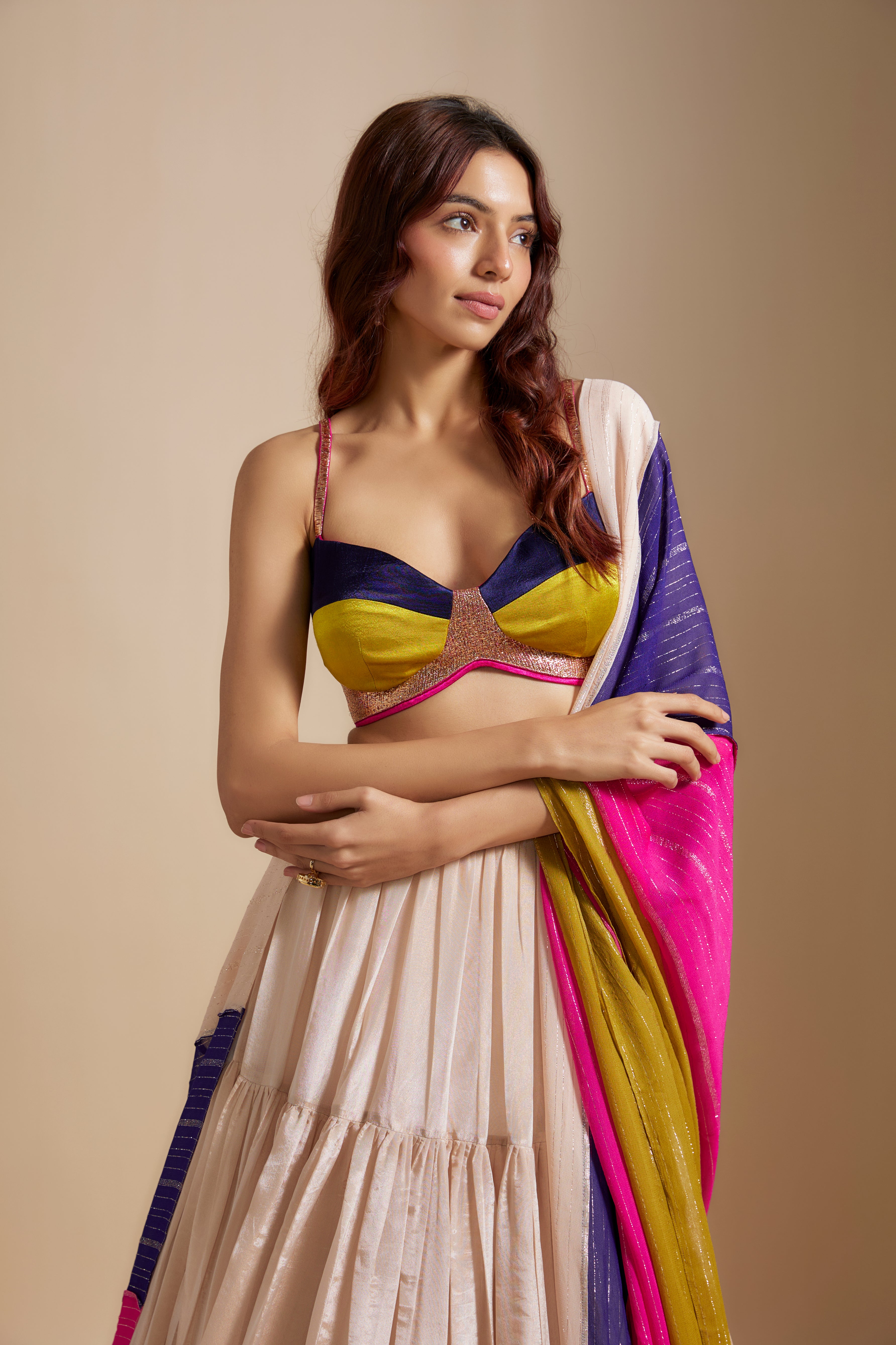 Peach Tissue Skirt With Multi- colored Blouse With Multi-Coloured Dupatta