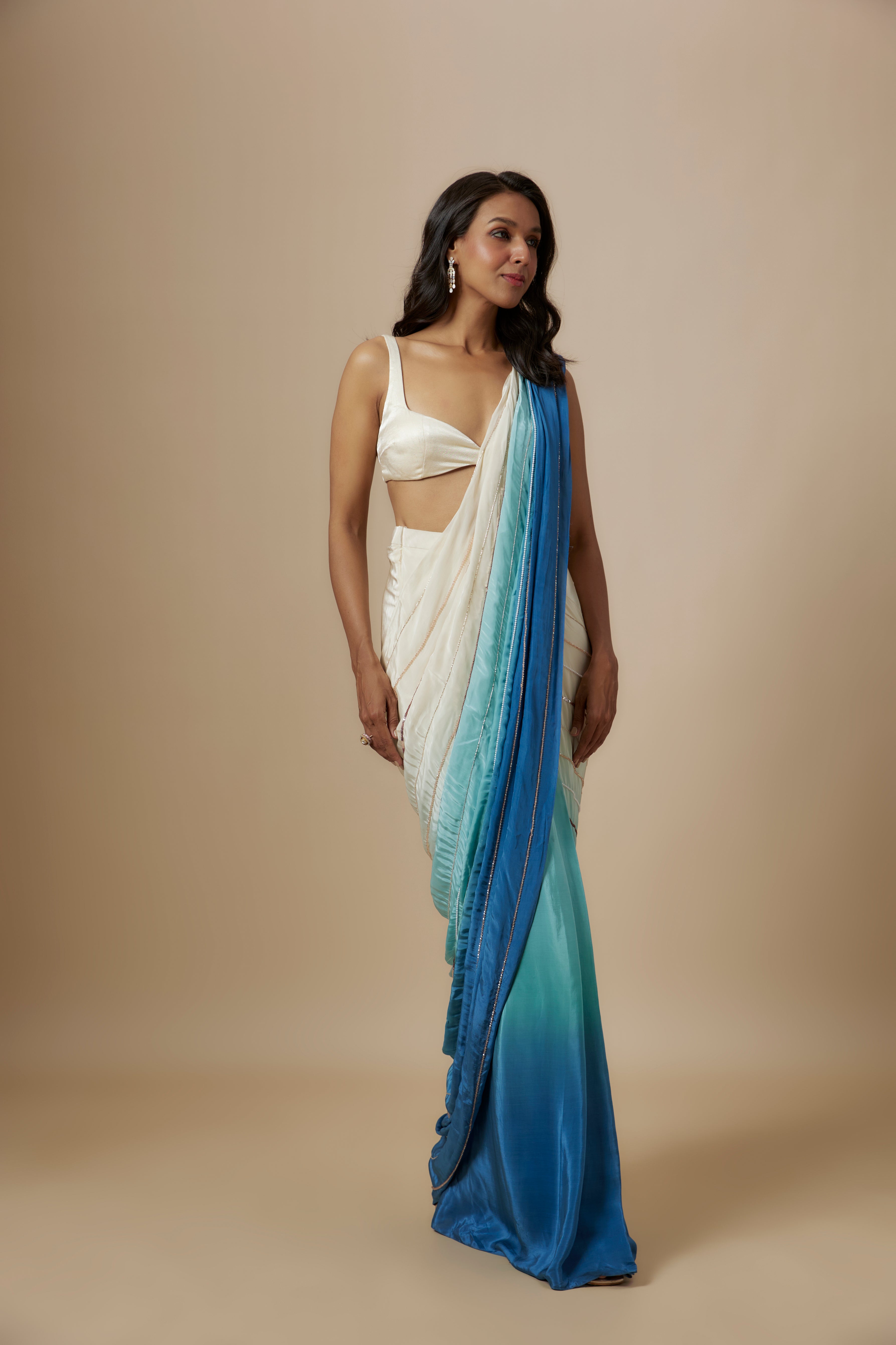Blue Ombre Embroiderd Saree With Cream Blouse