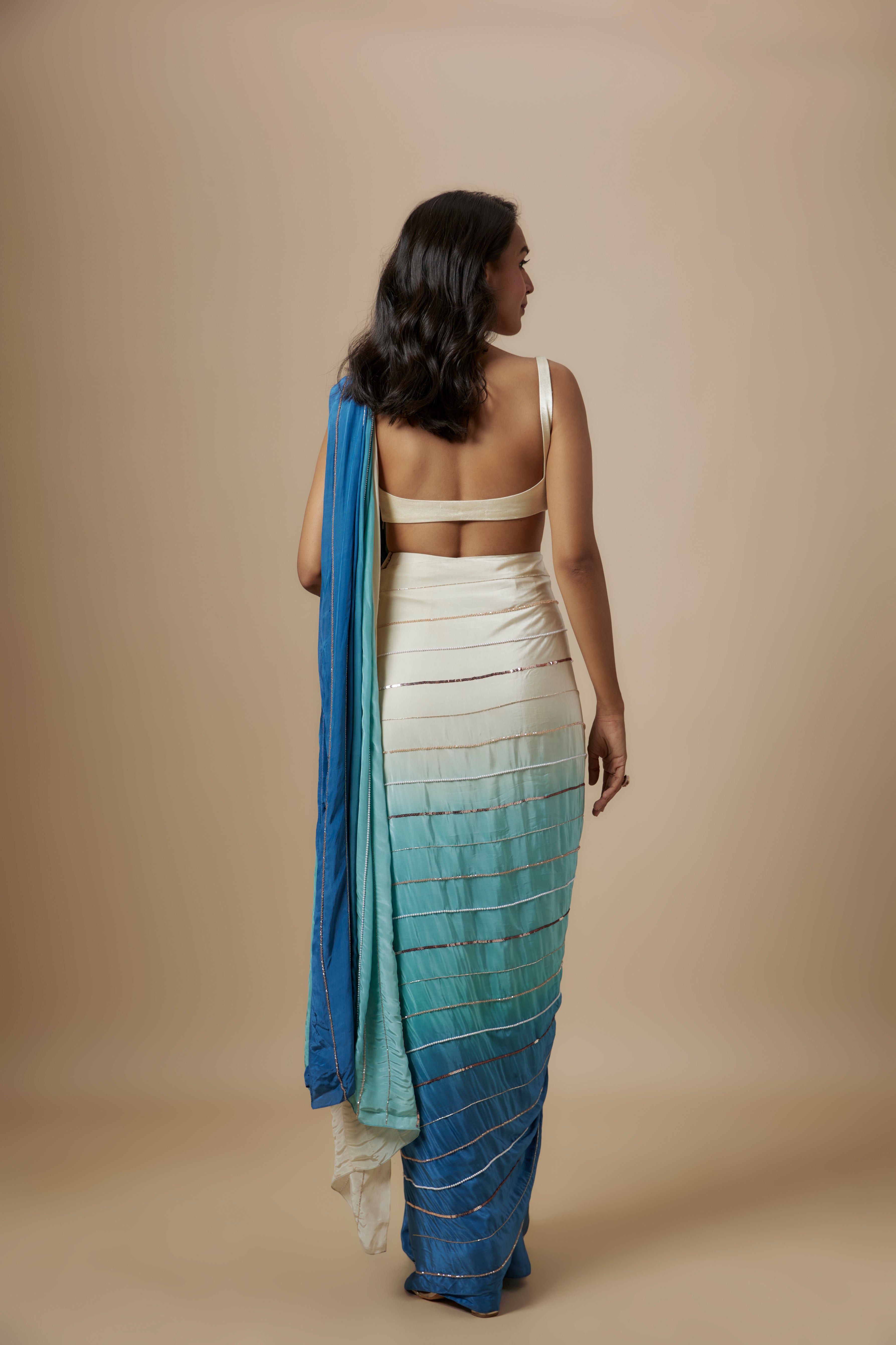 Blue Ombre Embroiderd Saree With Cream Blouse