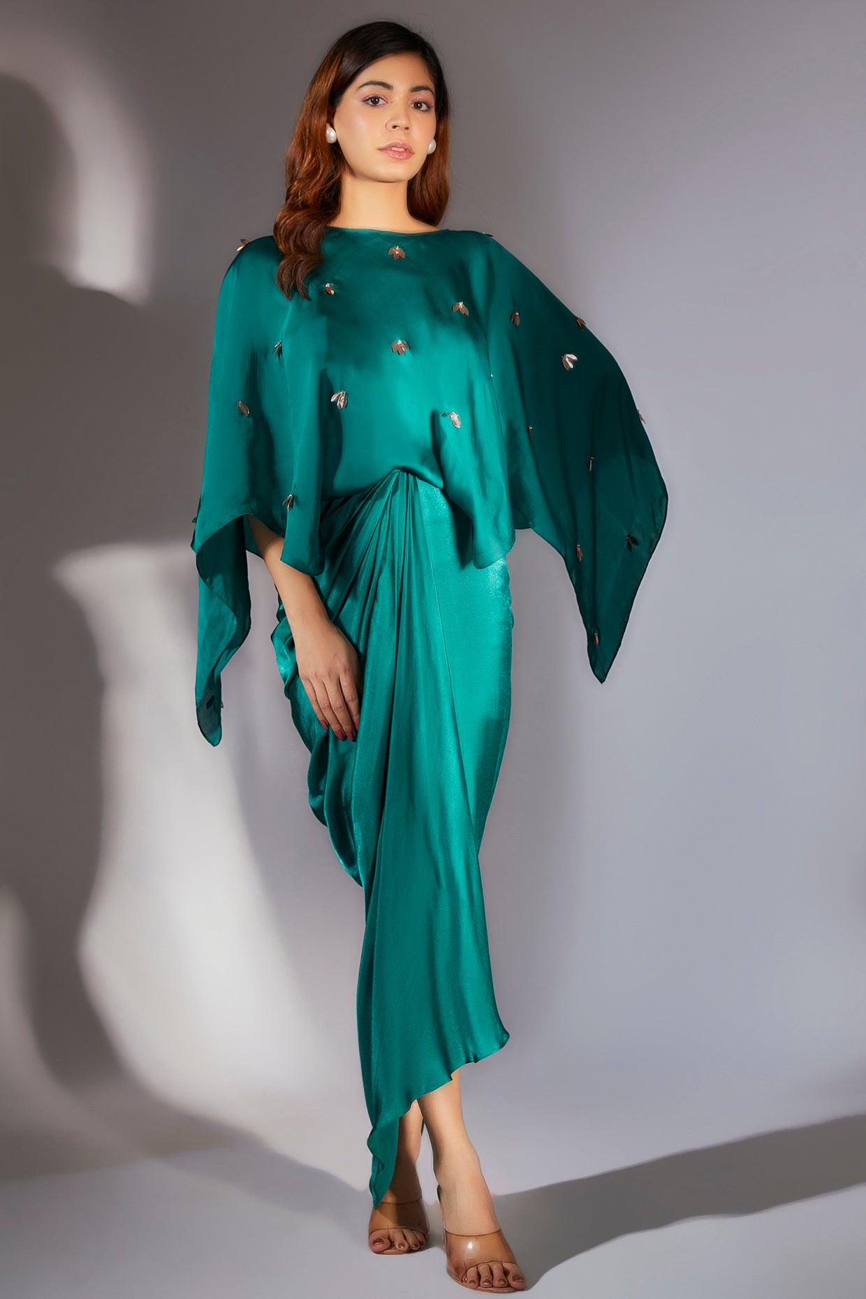 Teal Green Embroidered Drape Dress